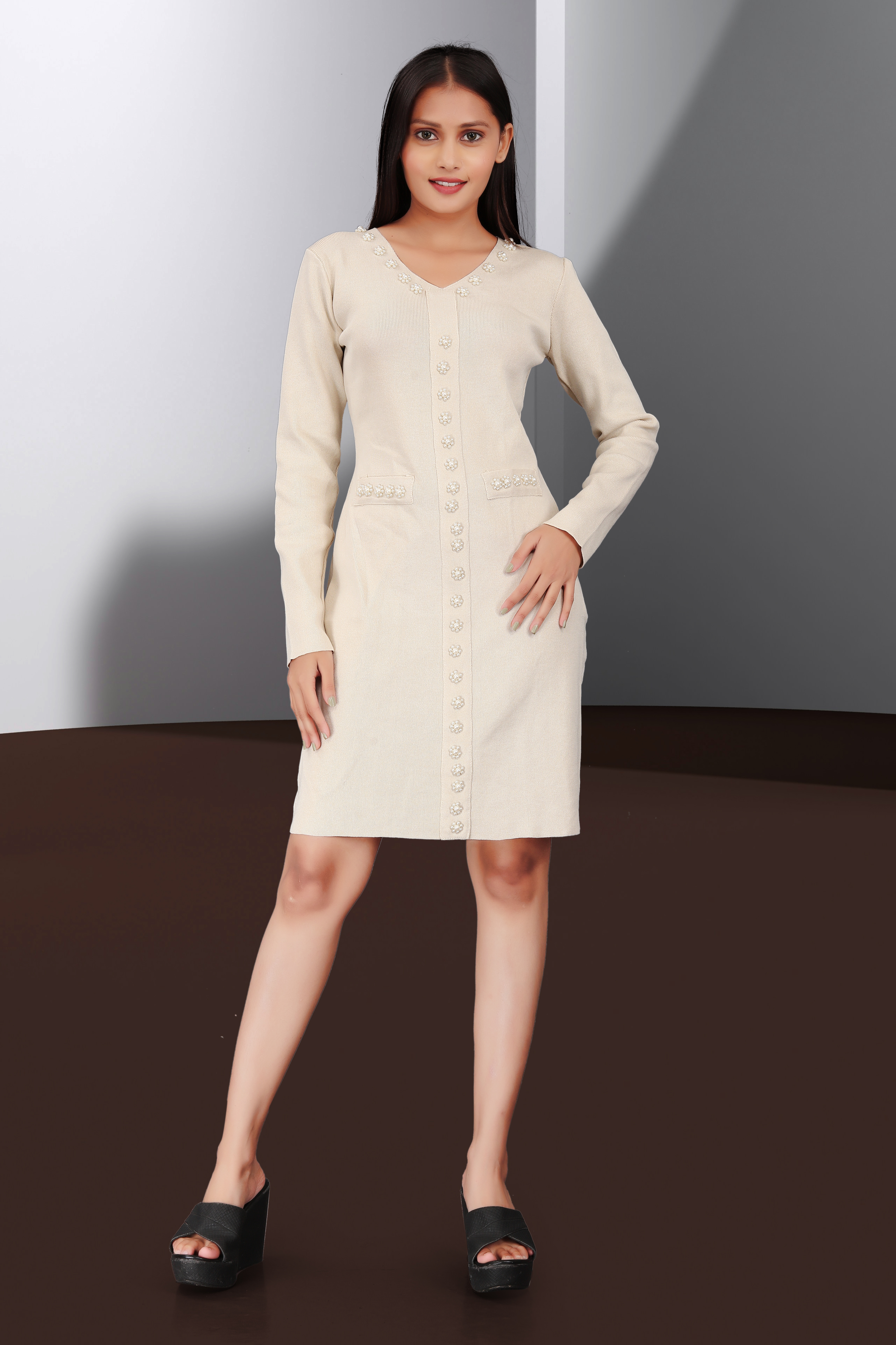 Women’s Elegant Cream Knitted Bodycon Dress with Pearl Button Detailing – Casual & Party Wear