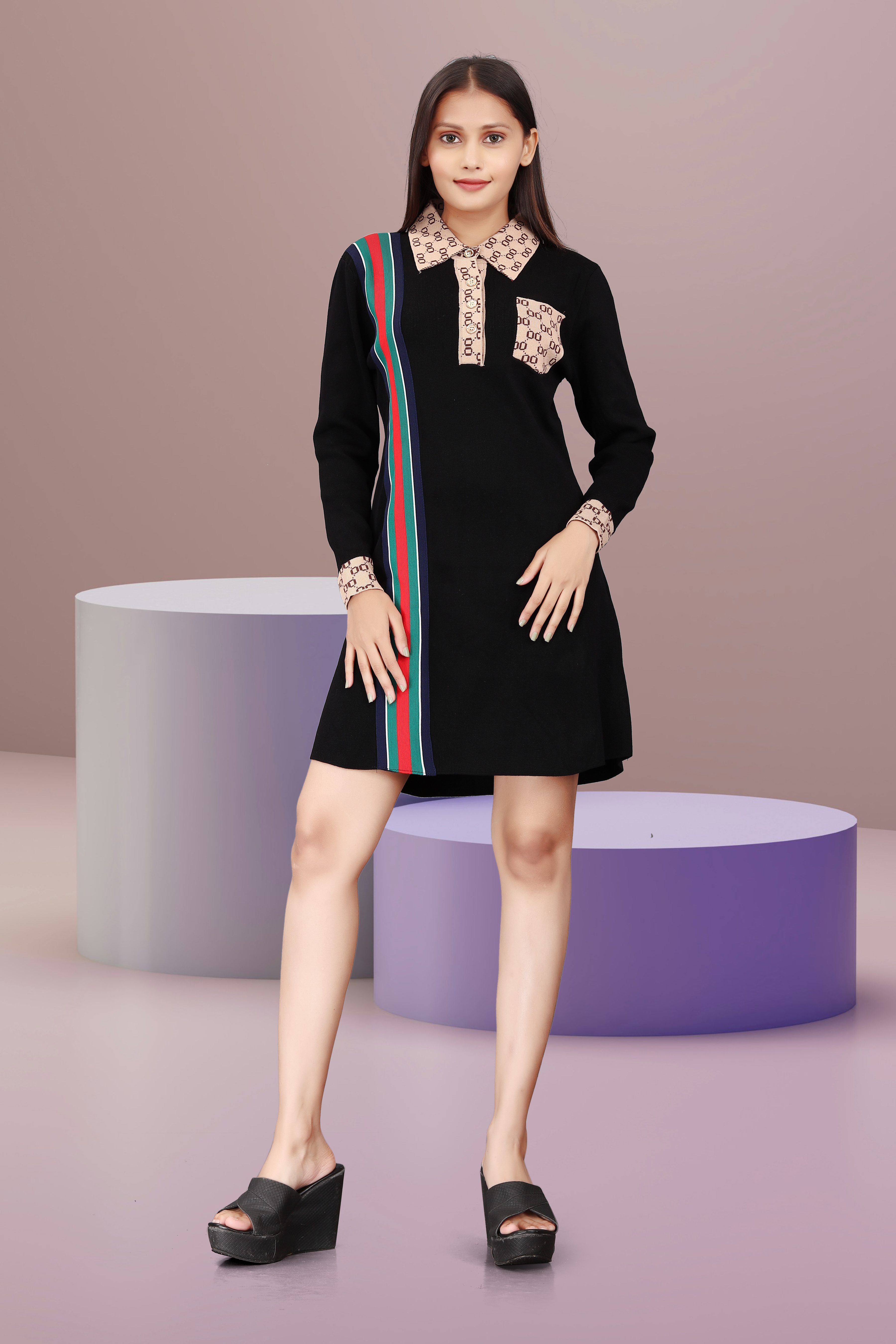 Women’s Black Shirt Collar Dress with Printed Detailing & Striped Design – Casual & Office Wear