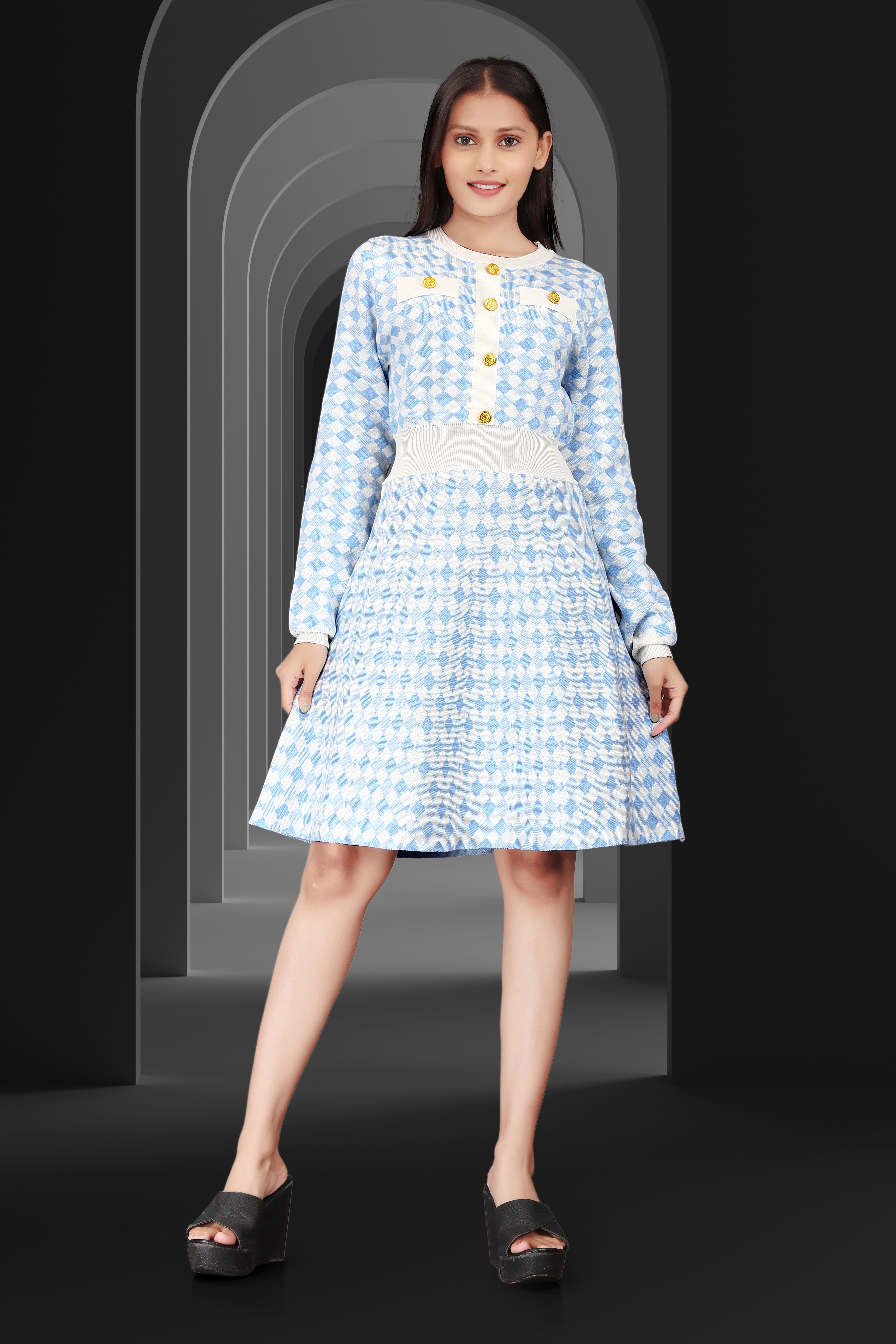 Women’s Blue & White Checkered A-Line Dress with Gold Button Detailing – Casual & Office Wear