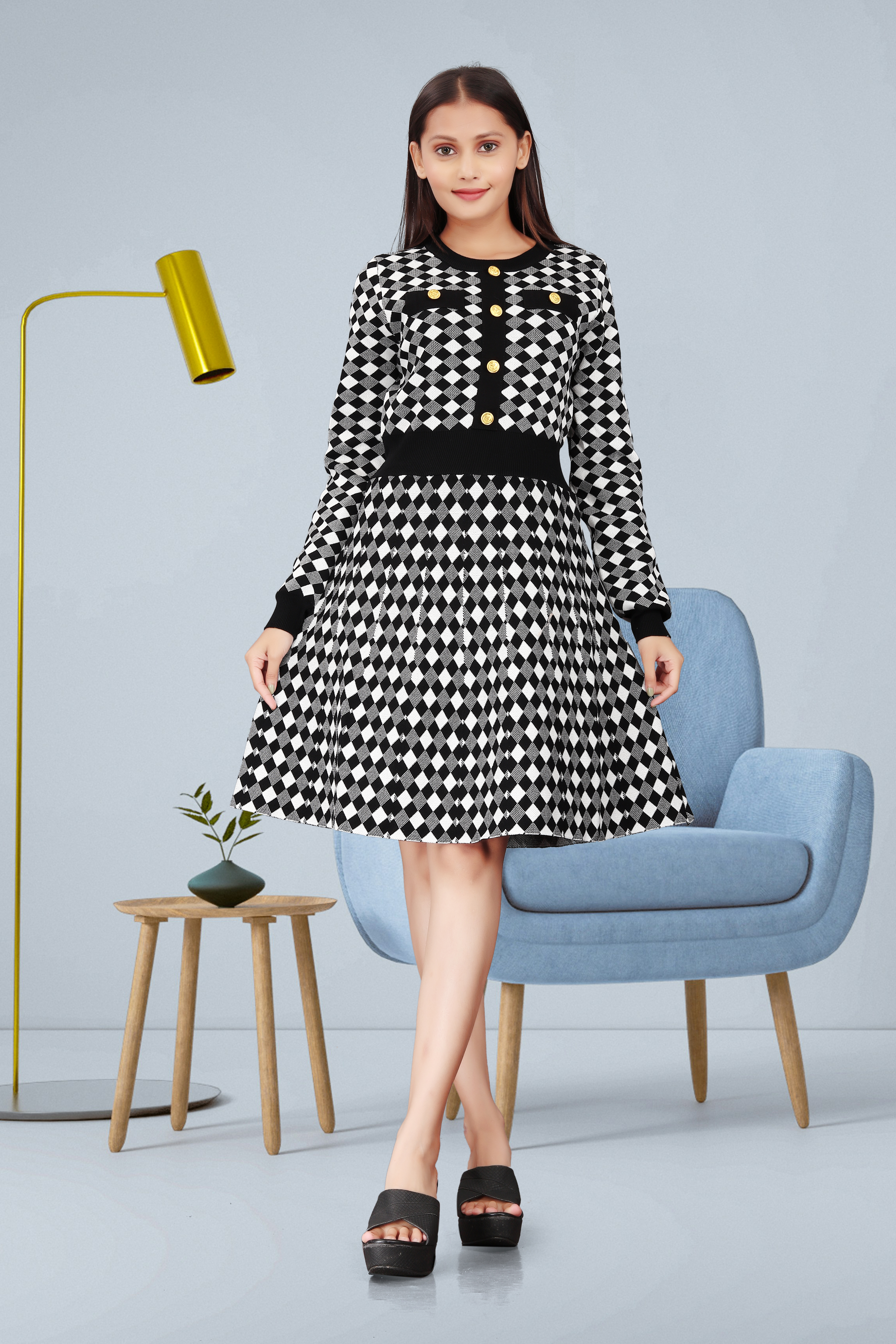 Women’s Black & White Checkered A-Line Dress with Gold Button Detailing – Casual & Office Wear