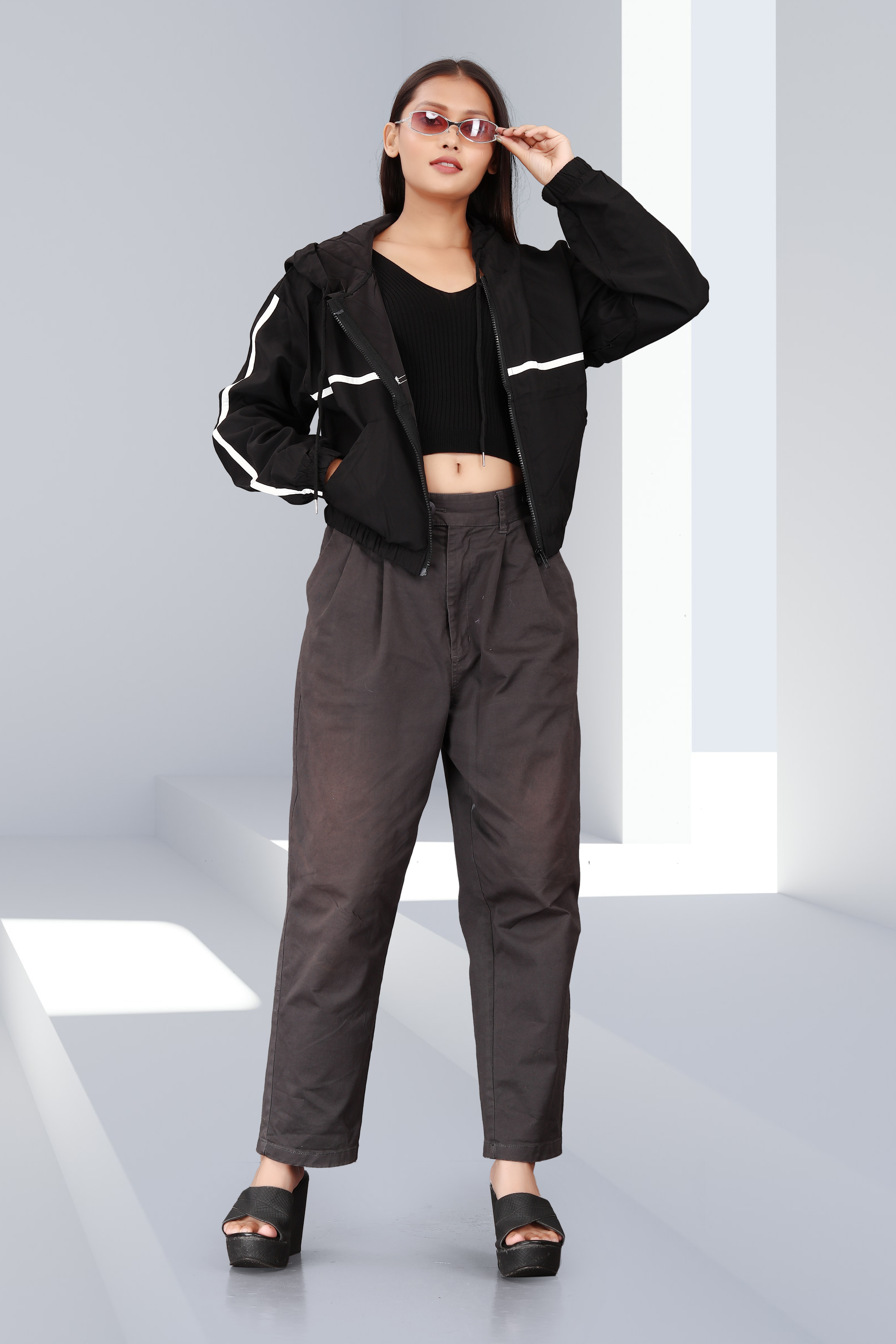 Women’s Black Crop Top with Hooded Jacket & High-Waist Pants – Casual Streetwear Co-ord Set