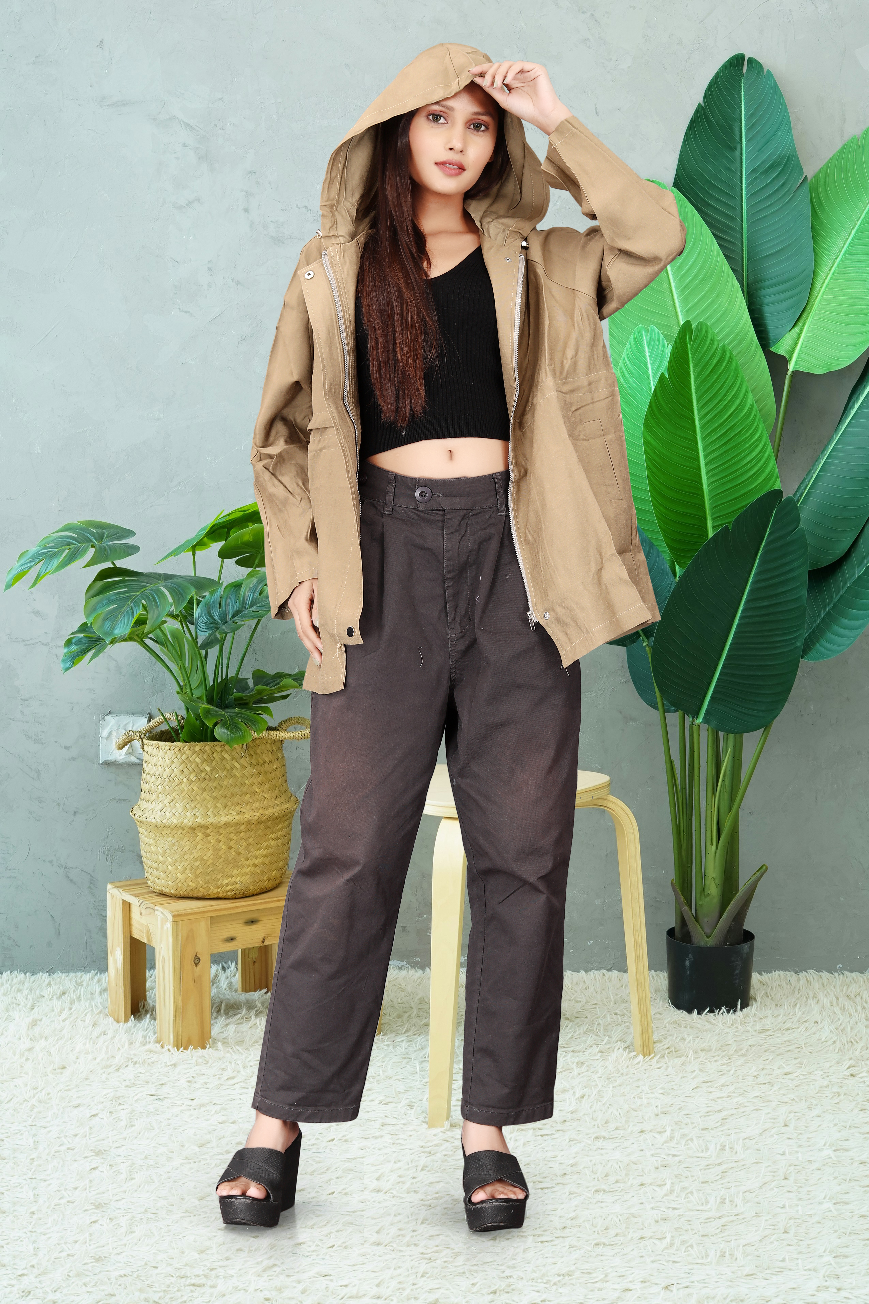 Women’s Brown Hooded Oversized Jacket with Black Crop Top & High-Waist Pants – Trendy Streetwear Co-ord Set