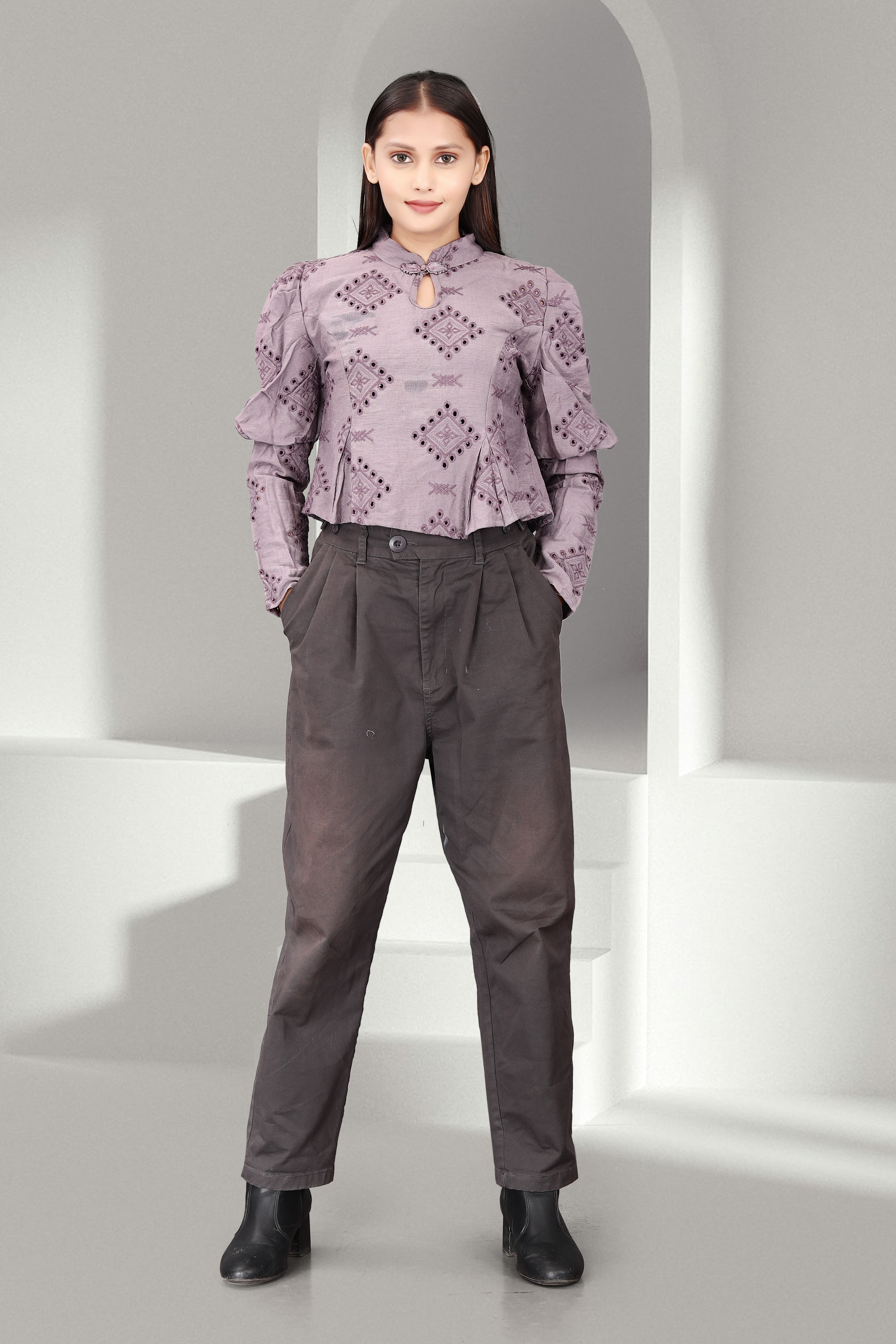 Women’s Lavender Embroidered Top with High-Waist Pants – Elegant Casual & Office Wear Outfit