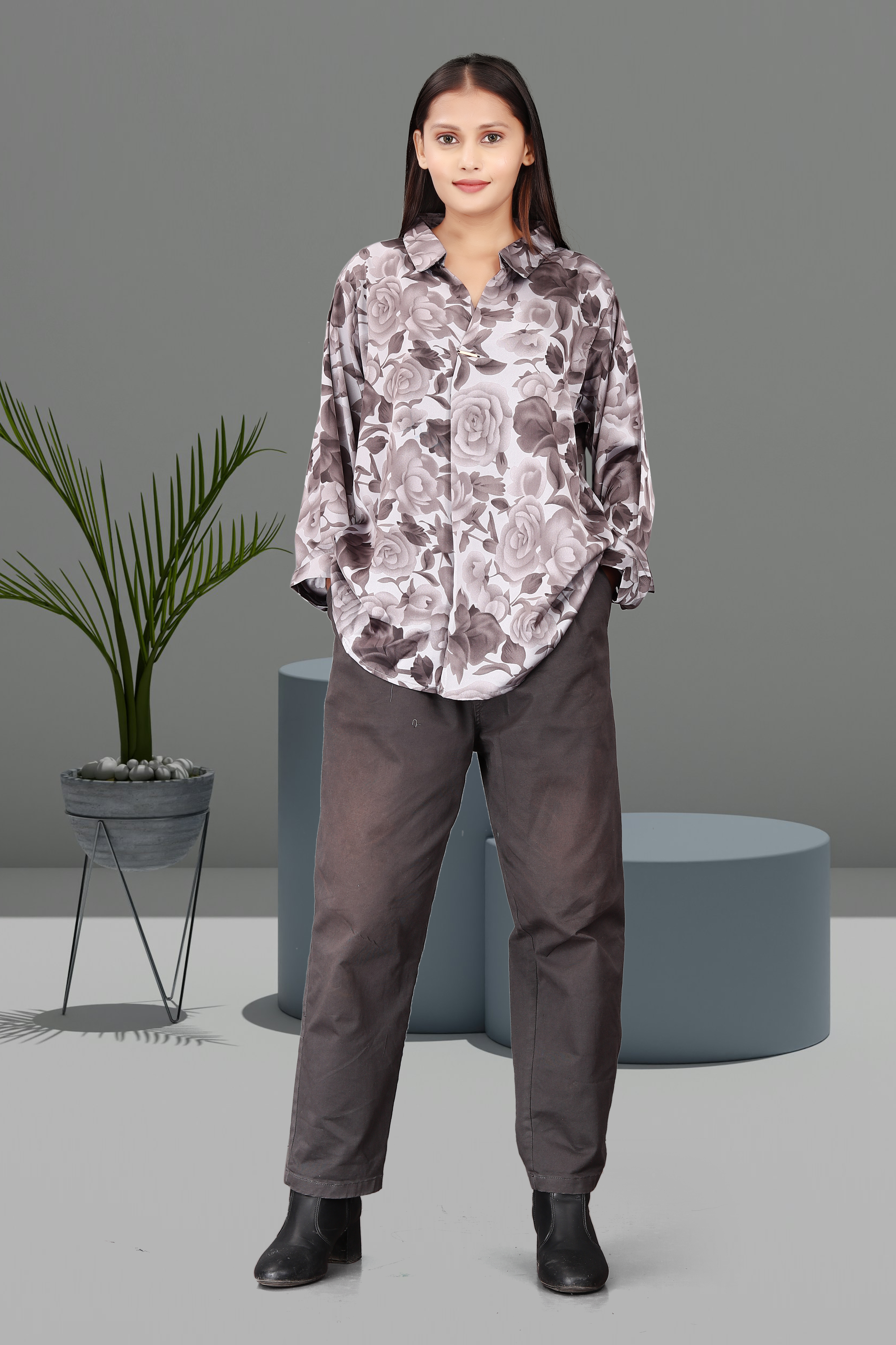 Women’s Floral Satin Shirt with High-Waist Pants – Elegant Casual & Office Wear Outfit