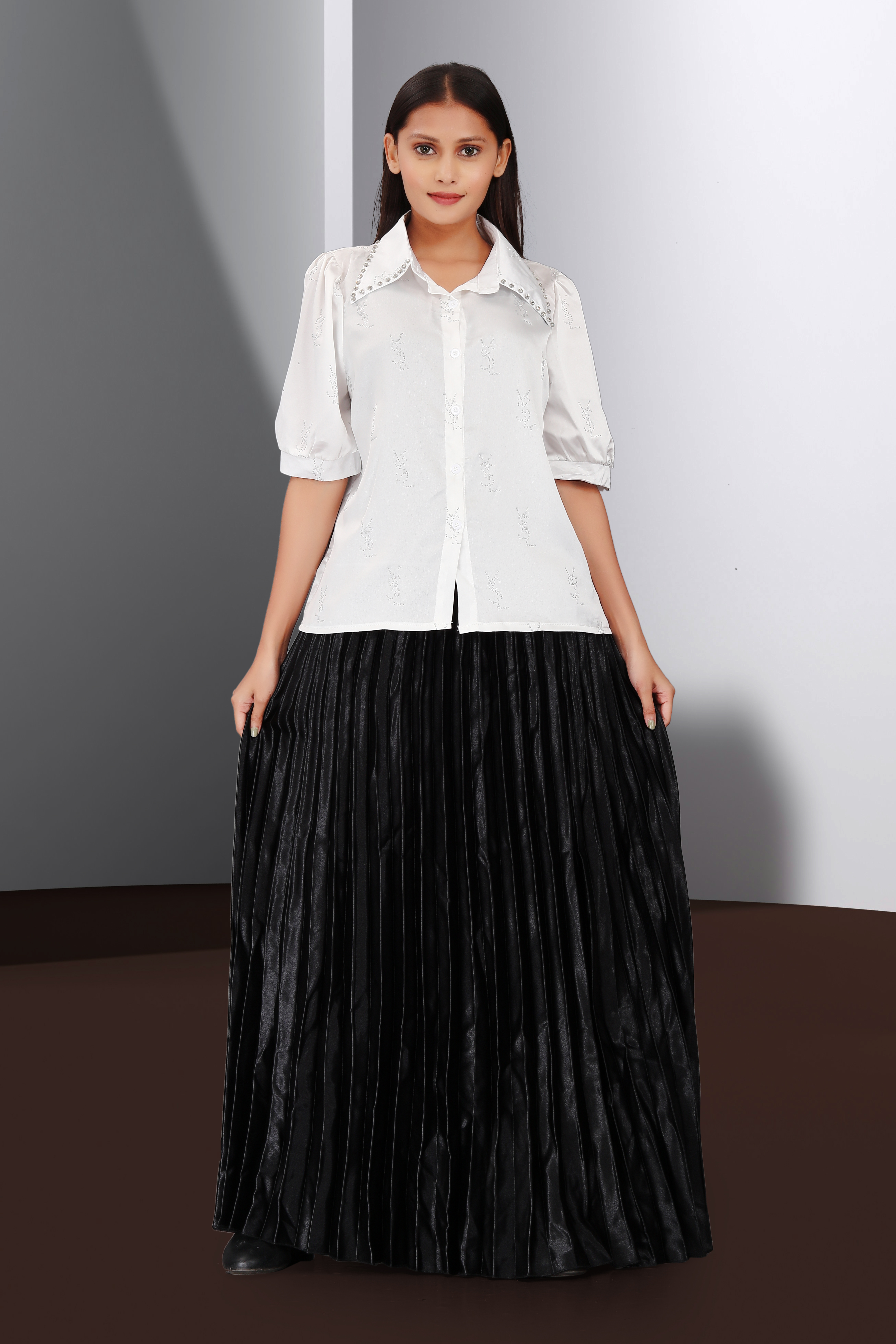 Women’s White Puff Sleeve Shirt with Black Pleated Maxi Skirt – Elegant Casual & Formal Wear Outfit
