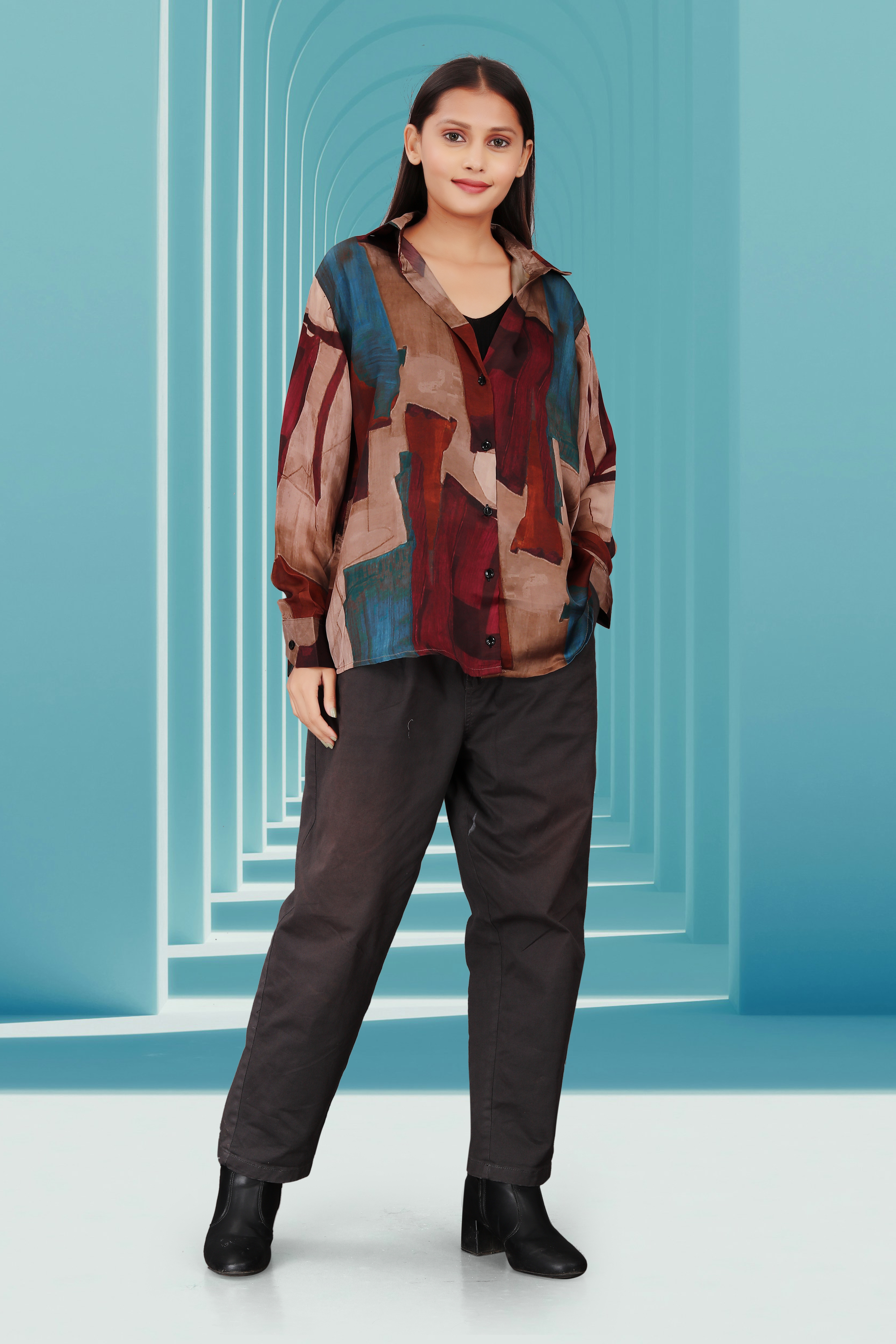 Women’s Abstract Print Oversized Shirt – Casual Loose Fit Button-Down Top