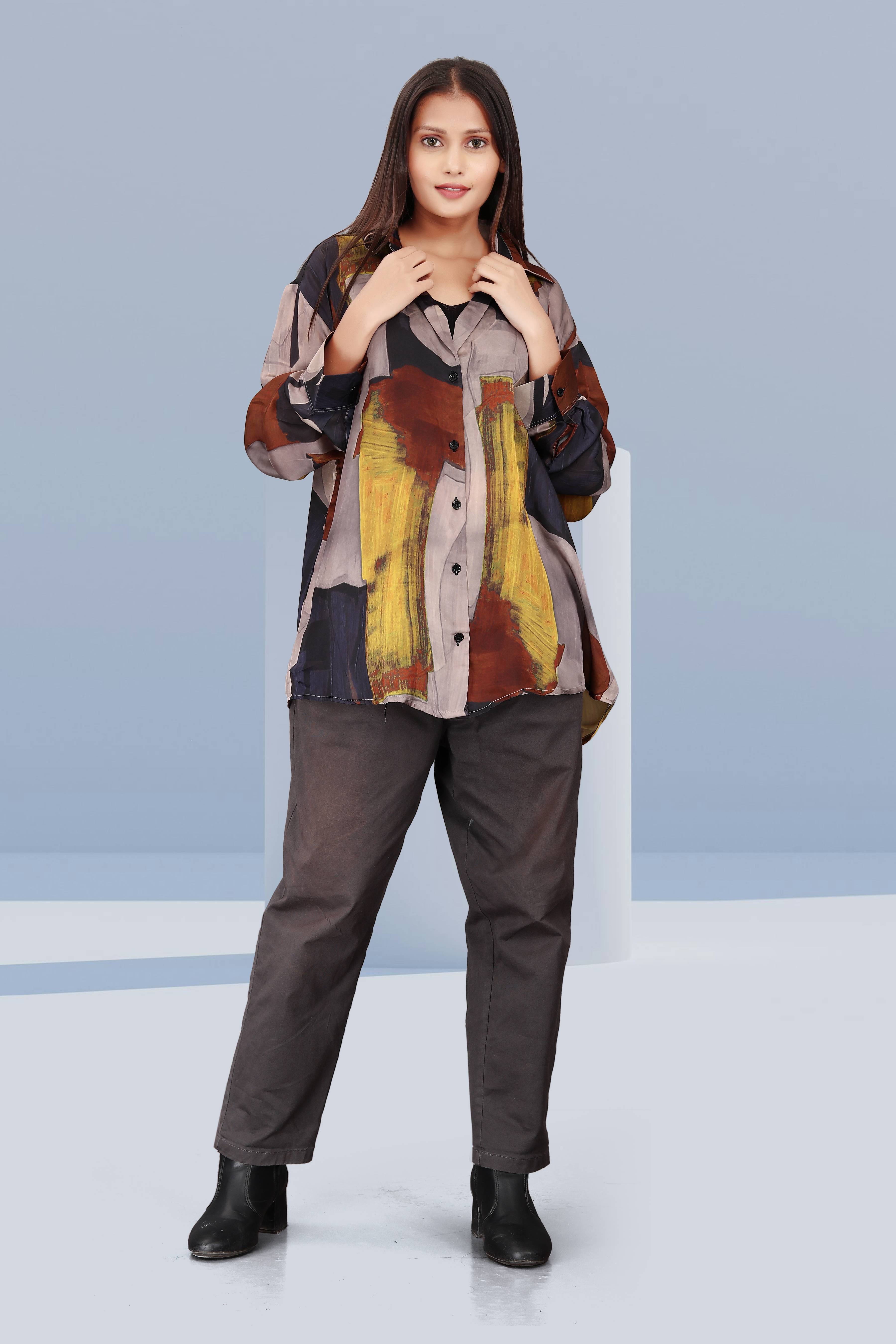 Women’s Abstract Oversized Shirt – Multicolor Artistic Print Loose Fit Button-Down Top