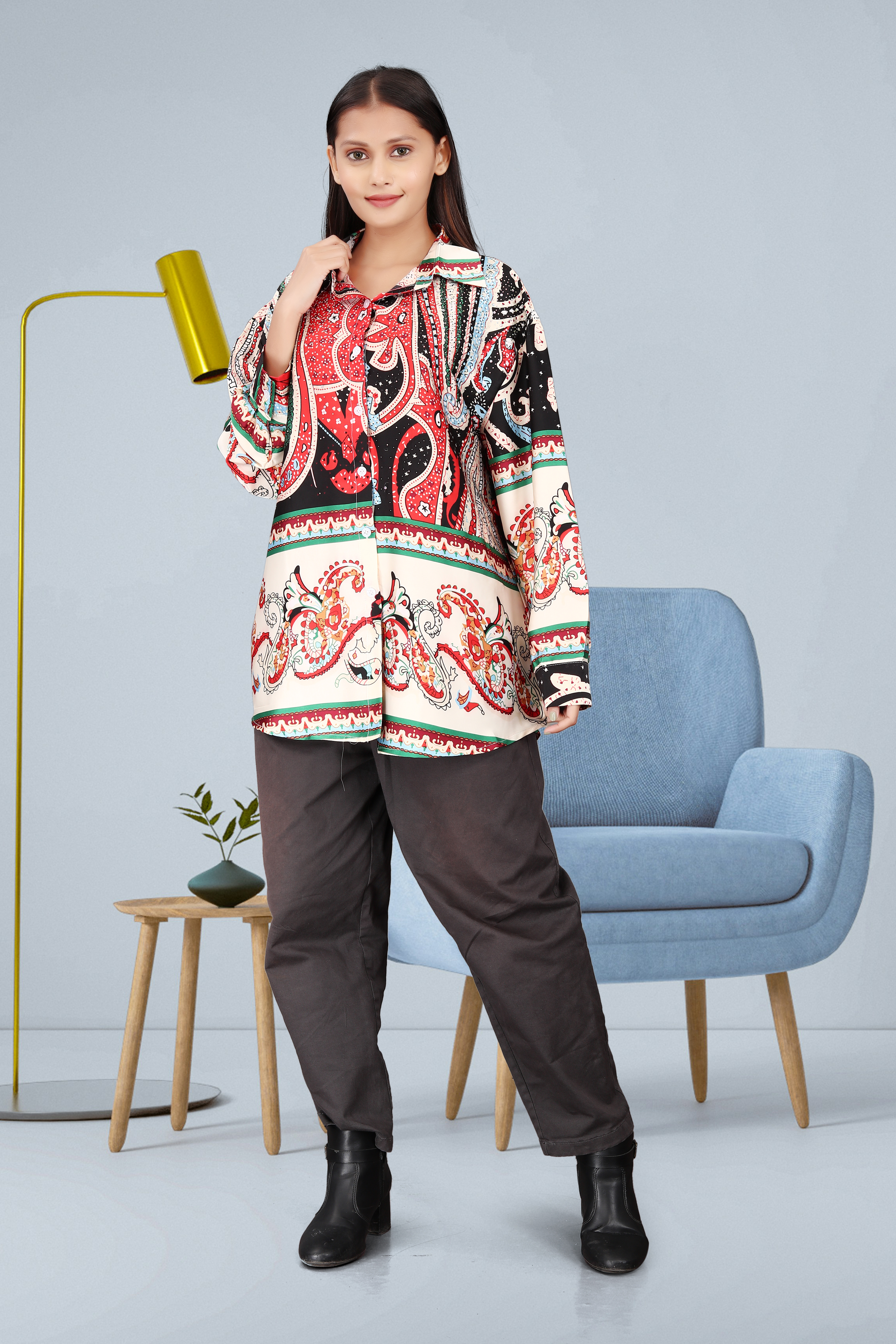Women’s Multicolor Paisley Print Oversized Shirt – Casual Button-Down Long Sleeve Top