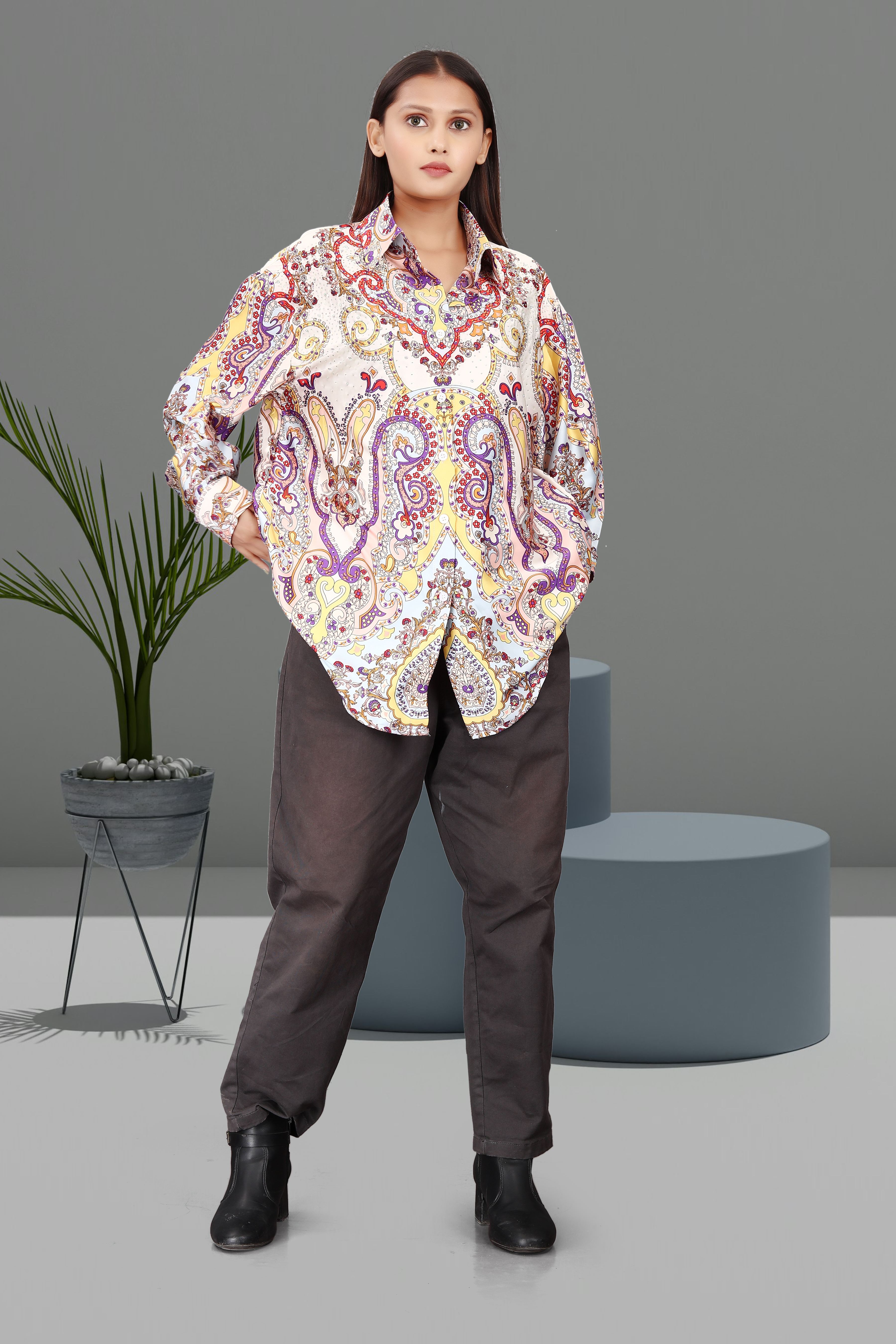 Women’s Multicolor Paisley Print Oversized Shirt – Long Sleeve Casual Button-Down Top