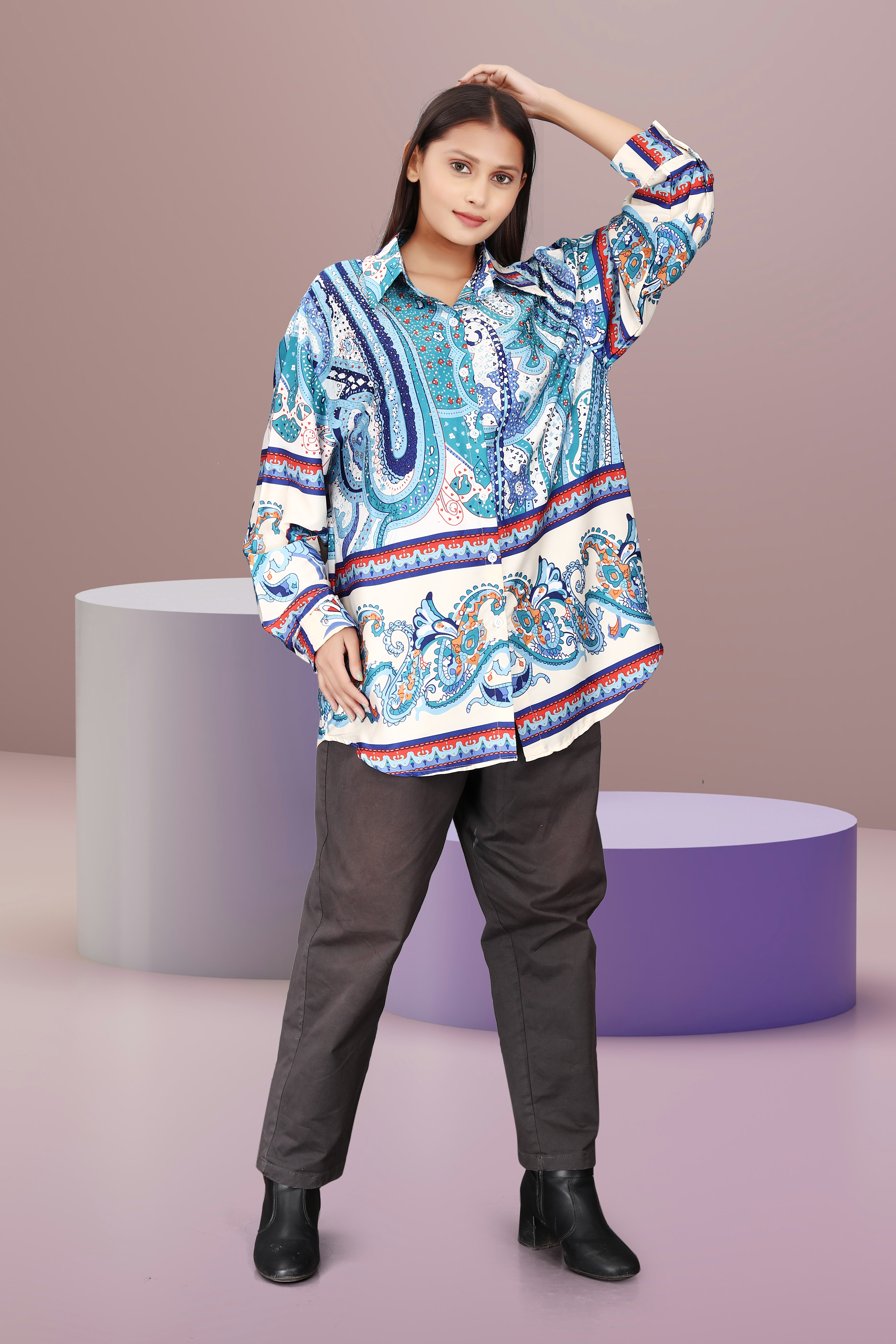 Women’s Blue & White Paisley Print Oversized Shirt – Casual Long Sleeve Button-Down Top