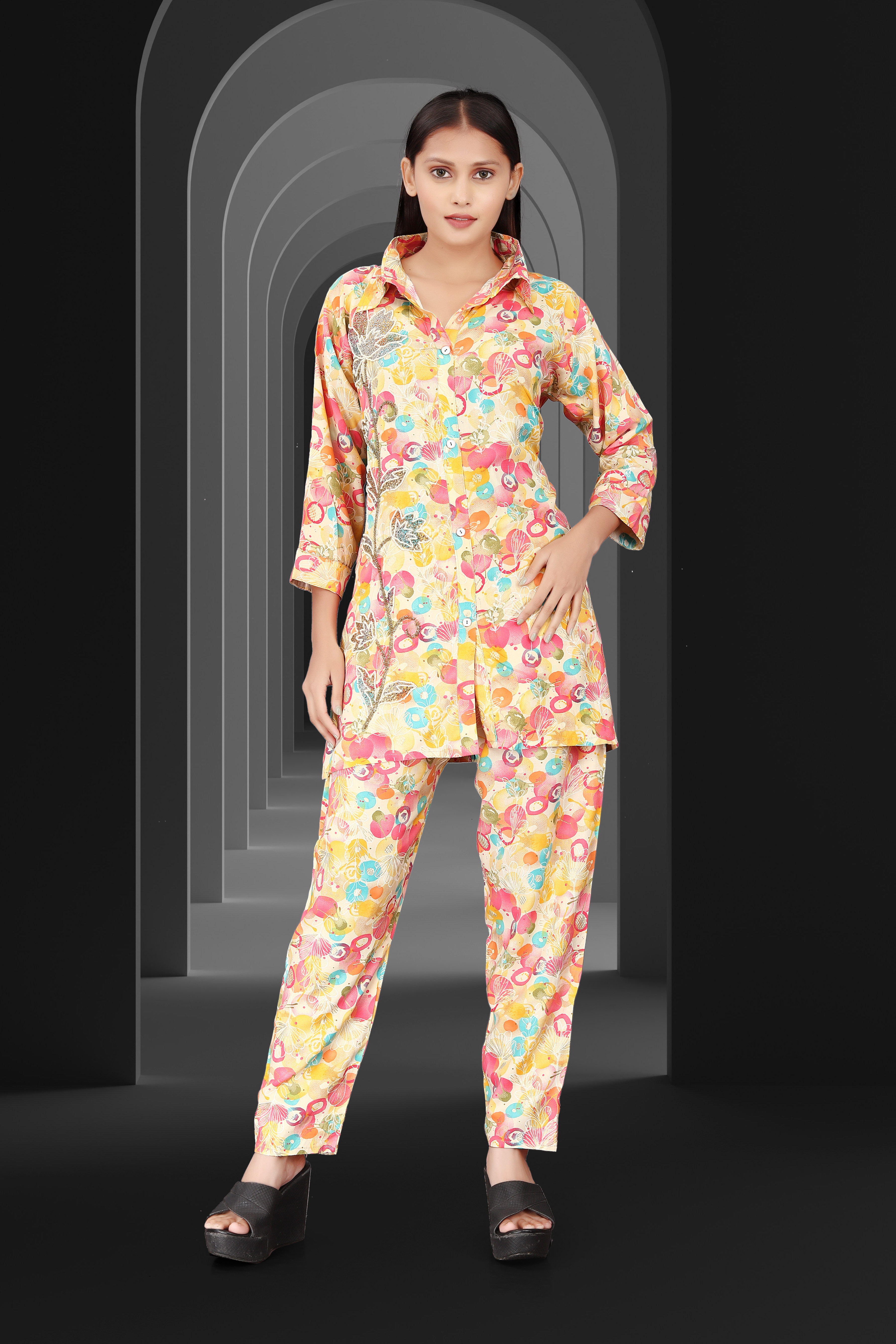 Women’s Multicolor Floral Print Cotton Co-ord Set – Button-Down Kurta with Matching Pants