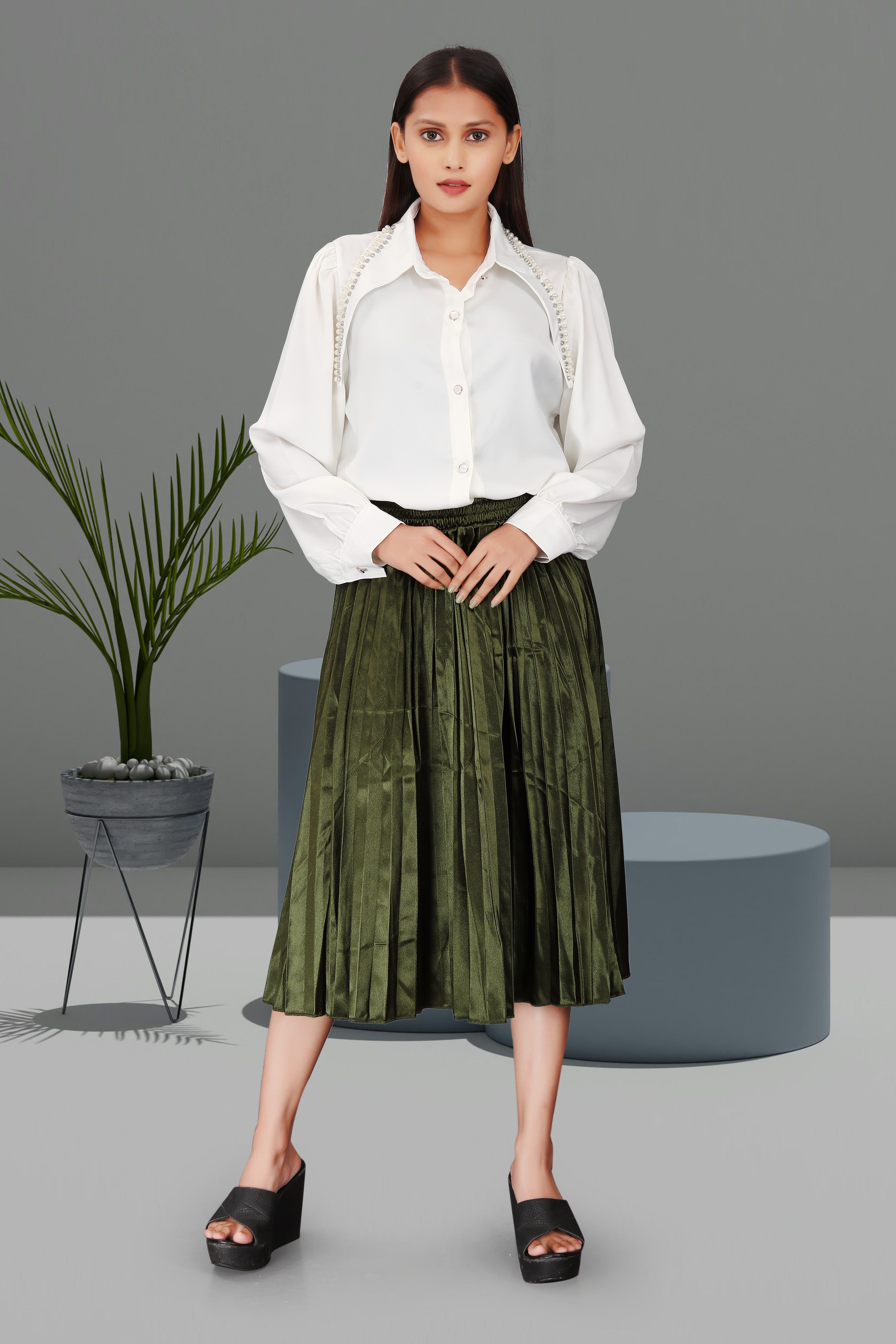 Women’s White Pearl Detail Shirt with Olive Green Pleated Midi Skirt – Elegant Two-Piece Set