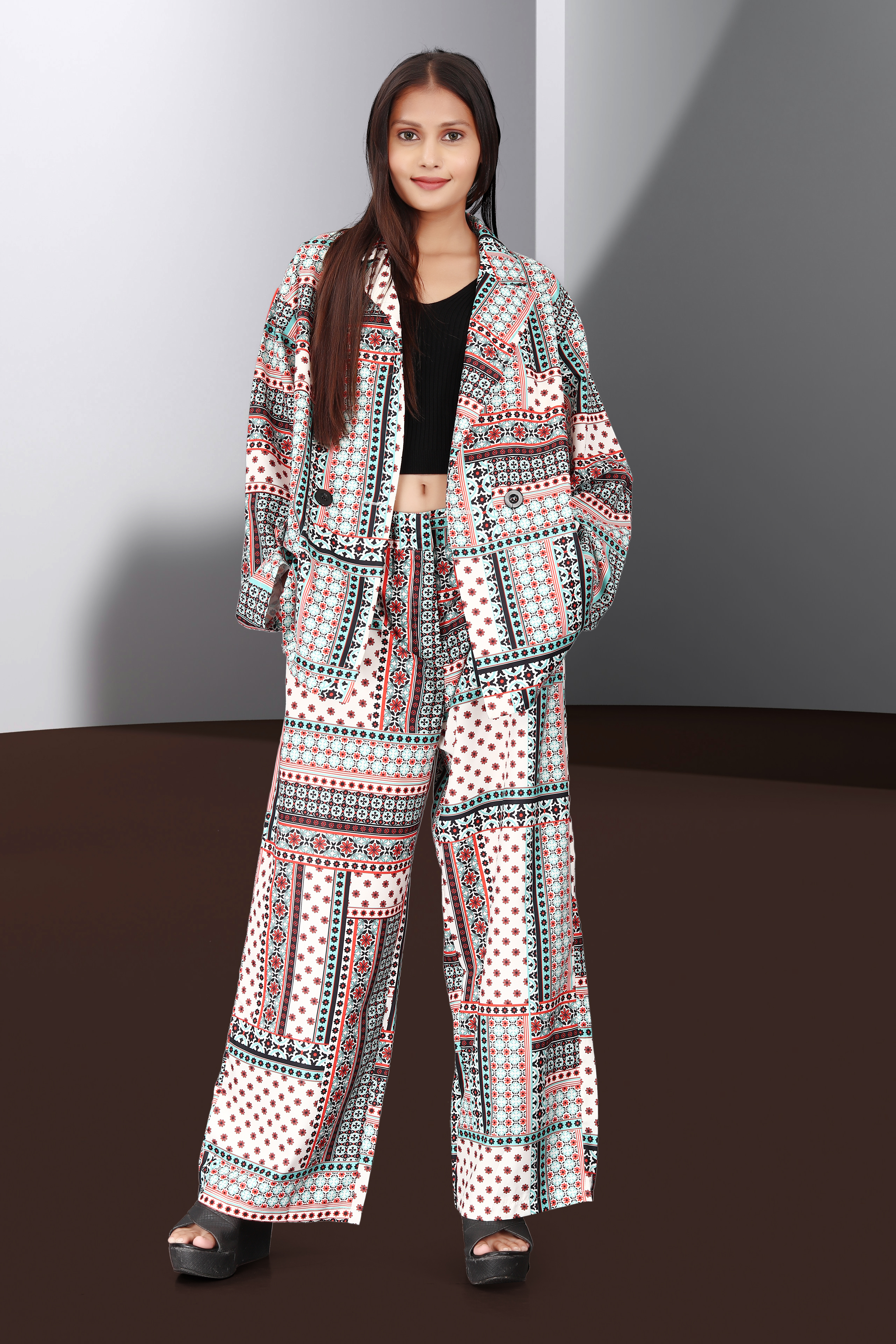 Women’s Printed Co-ord Set – Oversized Blazer with Wide-Leg Pants