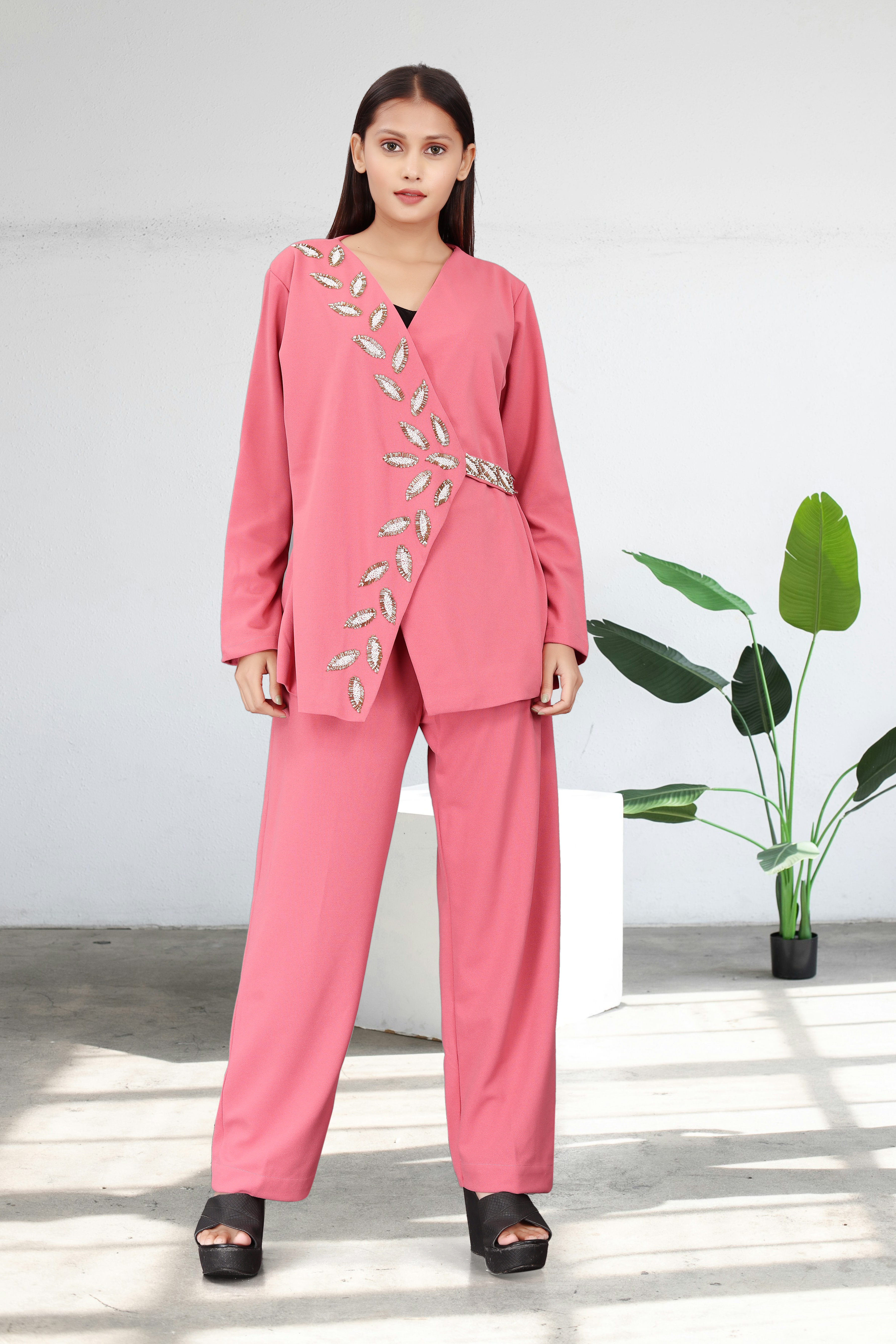 Women’s Pink Embellished Co-ord Set – Designer Long Top with Wide-Leg Pants