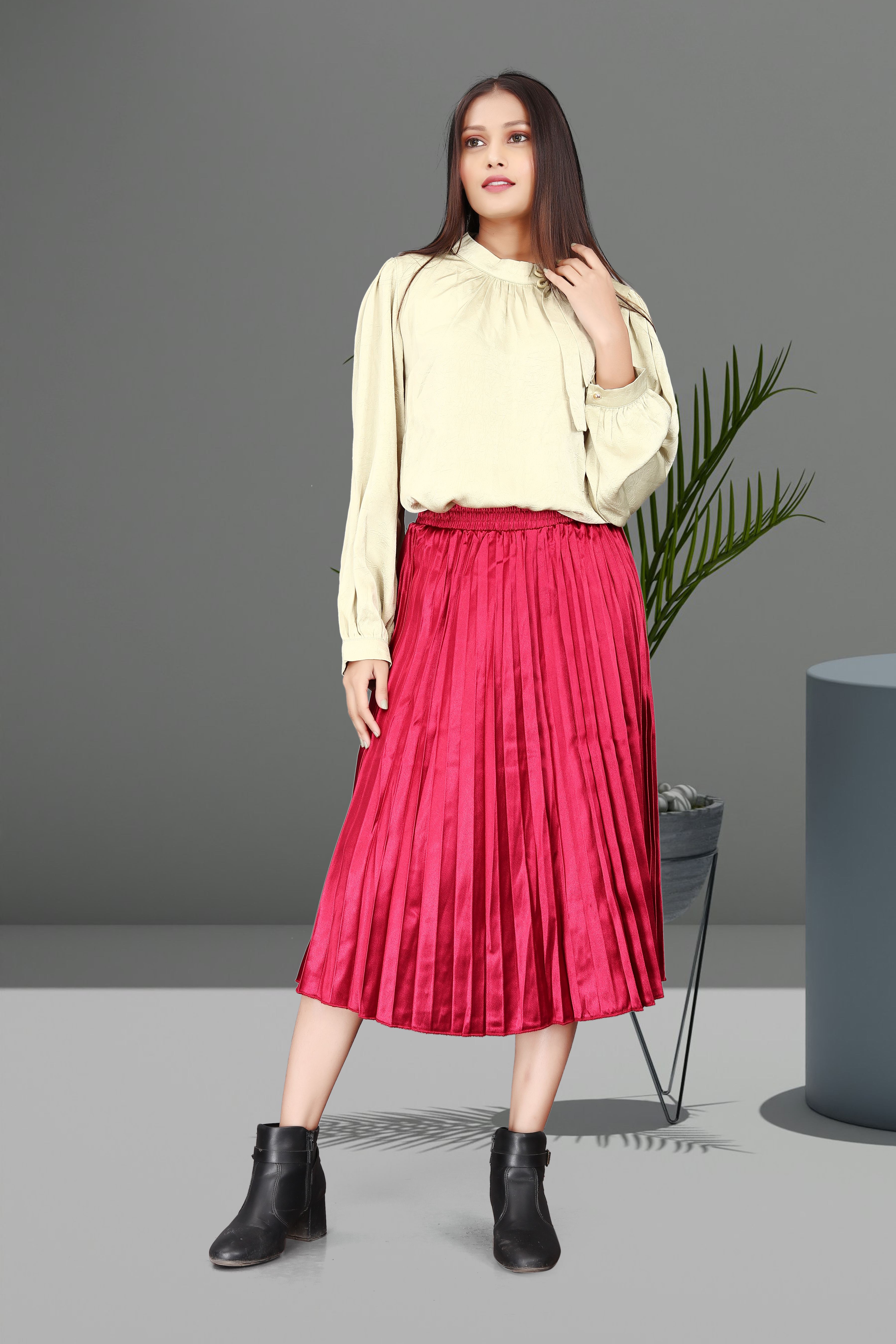 Women’s Beige Long Sleeve Blouse with Red Pleated Midi Skirt