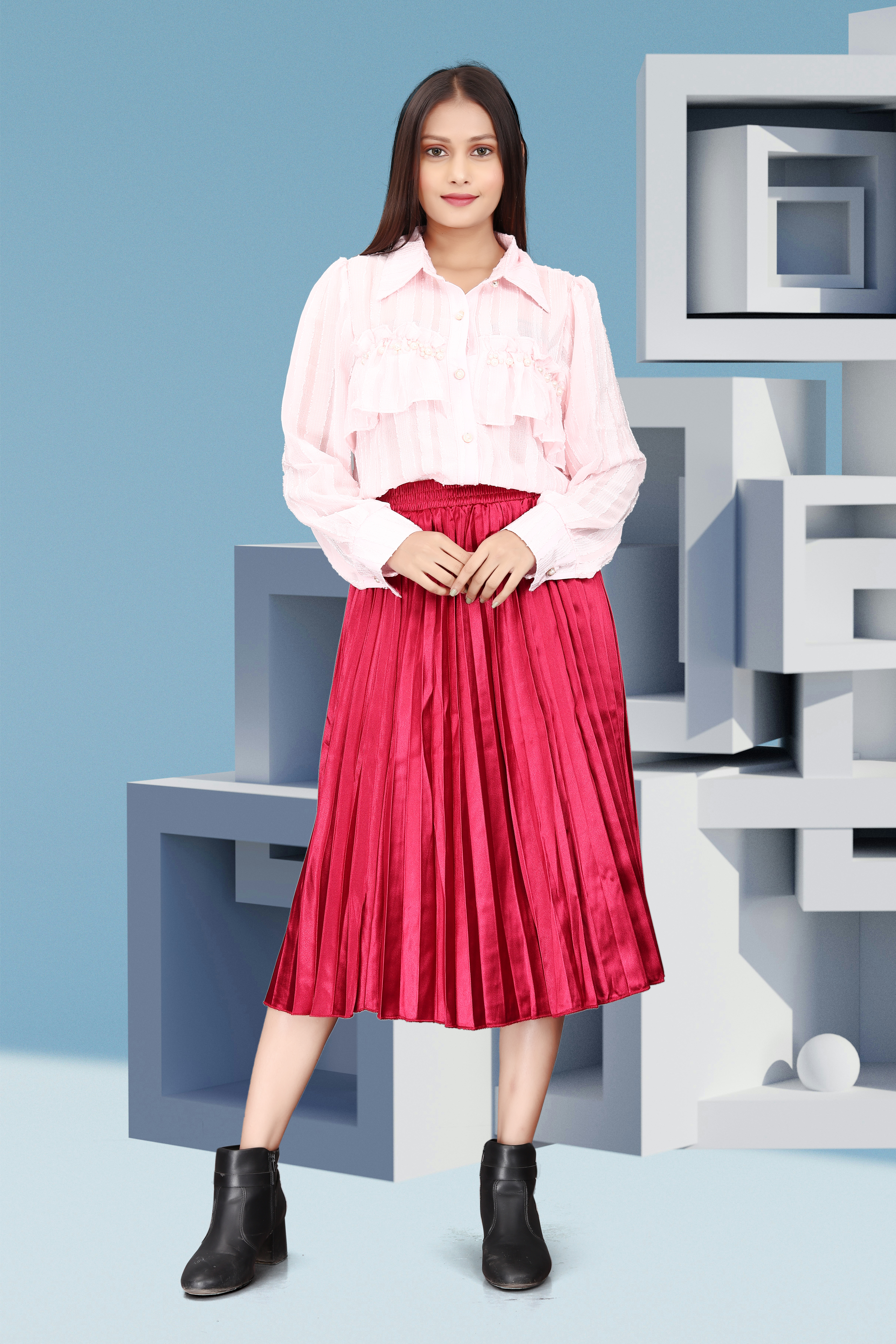 Women’s Pink Ruffle Shirt with Red Pleated Midi Skirt – Elegant & Chic Outfit