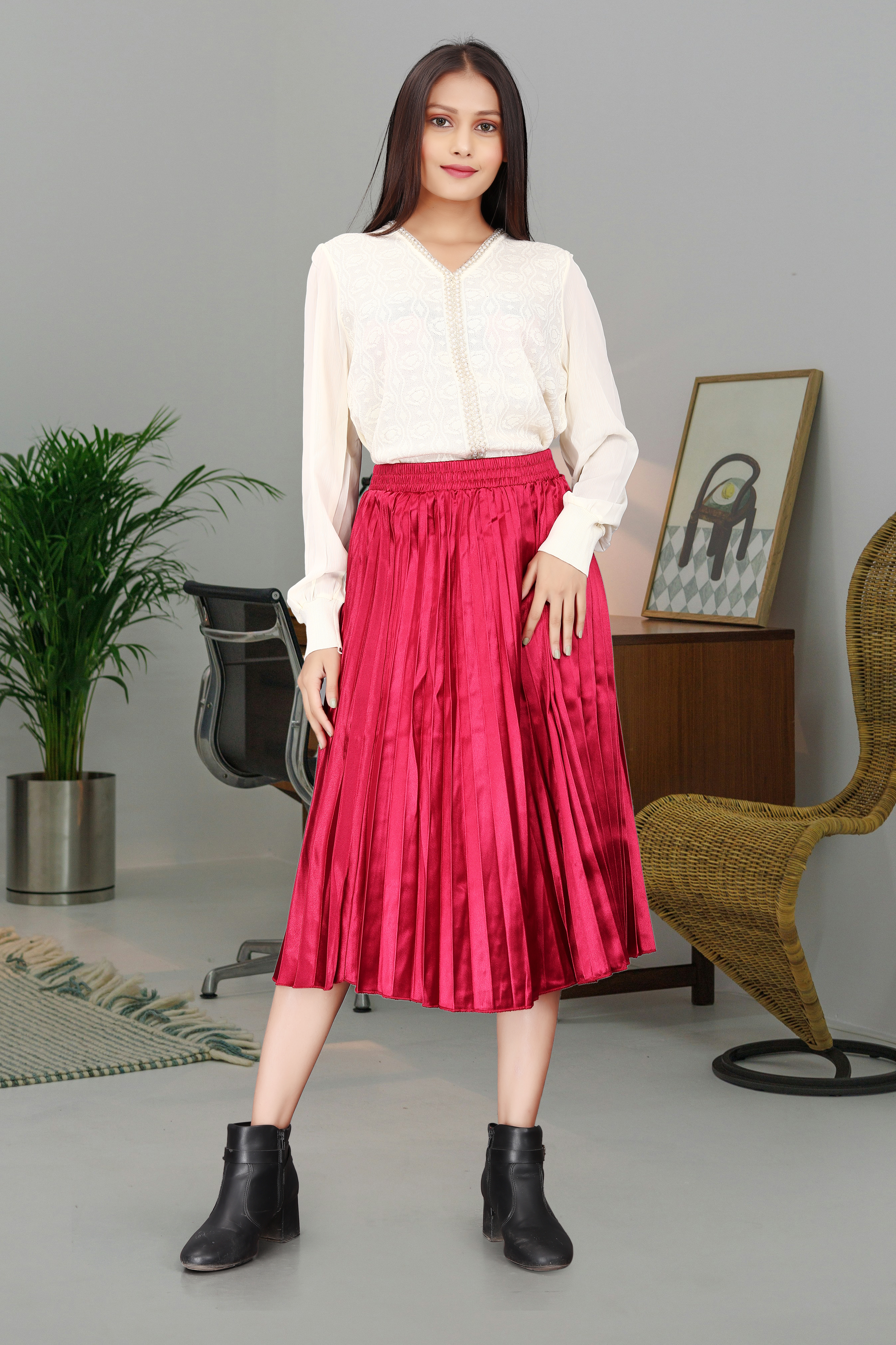 Women’s White Lace Blouse with Red Pleated Midi Skirt – Elegant Chic Outfit