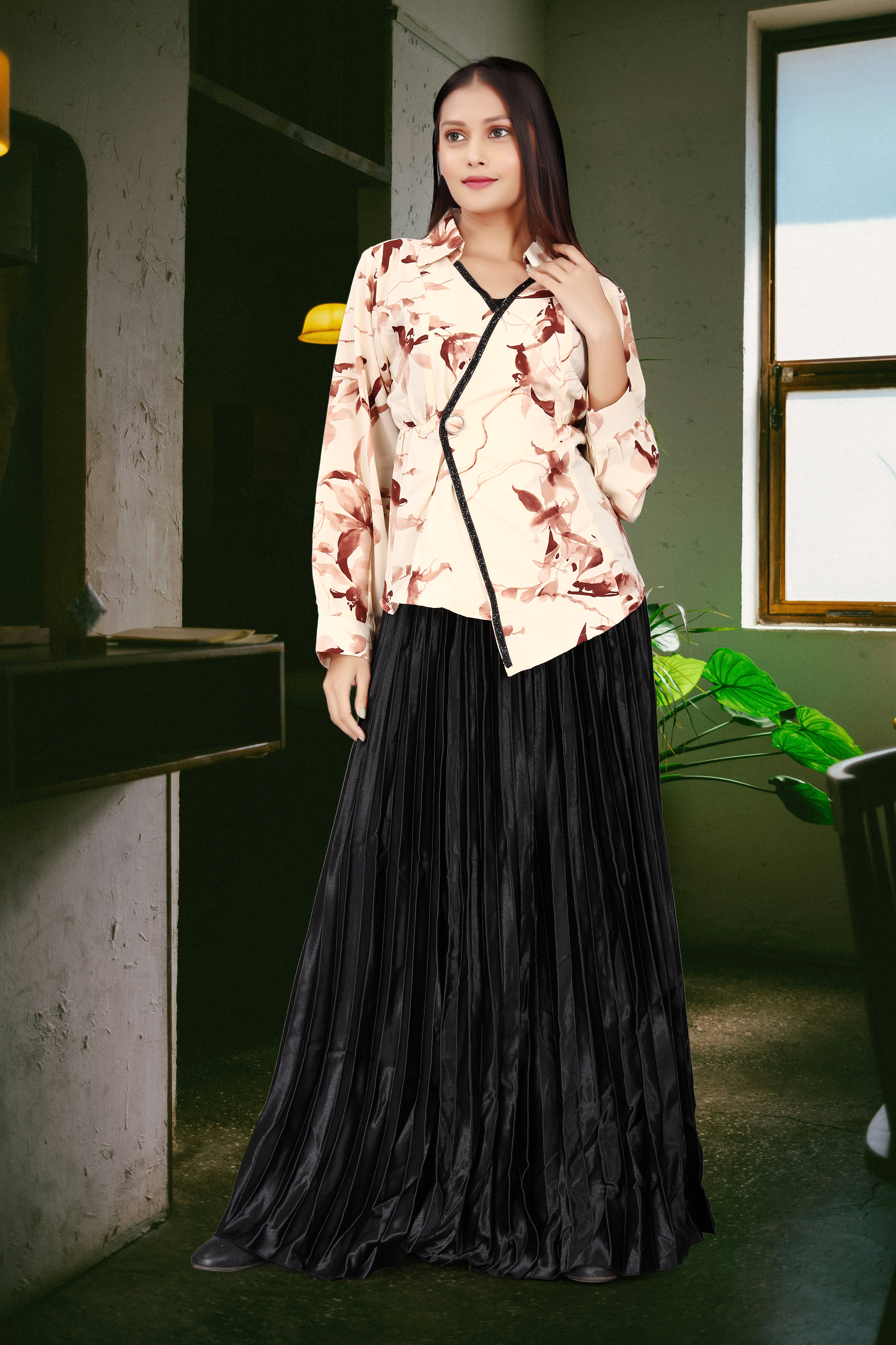 Women’s Floral Print Wrap Top with Black Pleated Maxi Skirt – Elegant Fusion Wear