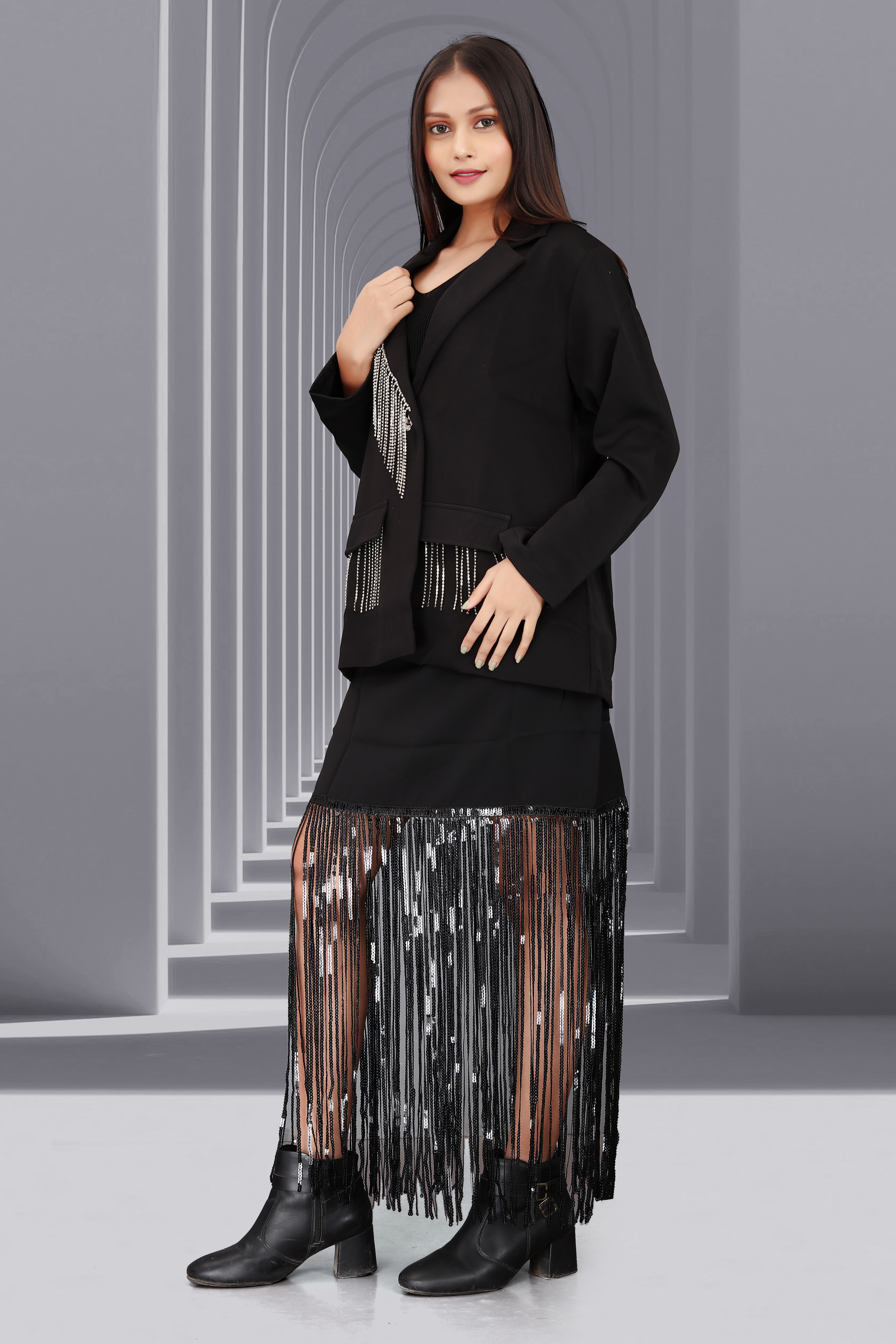 Women’s Black Fringe Sequin Skirt with Blazer – Party & Evening Wear
