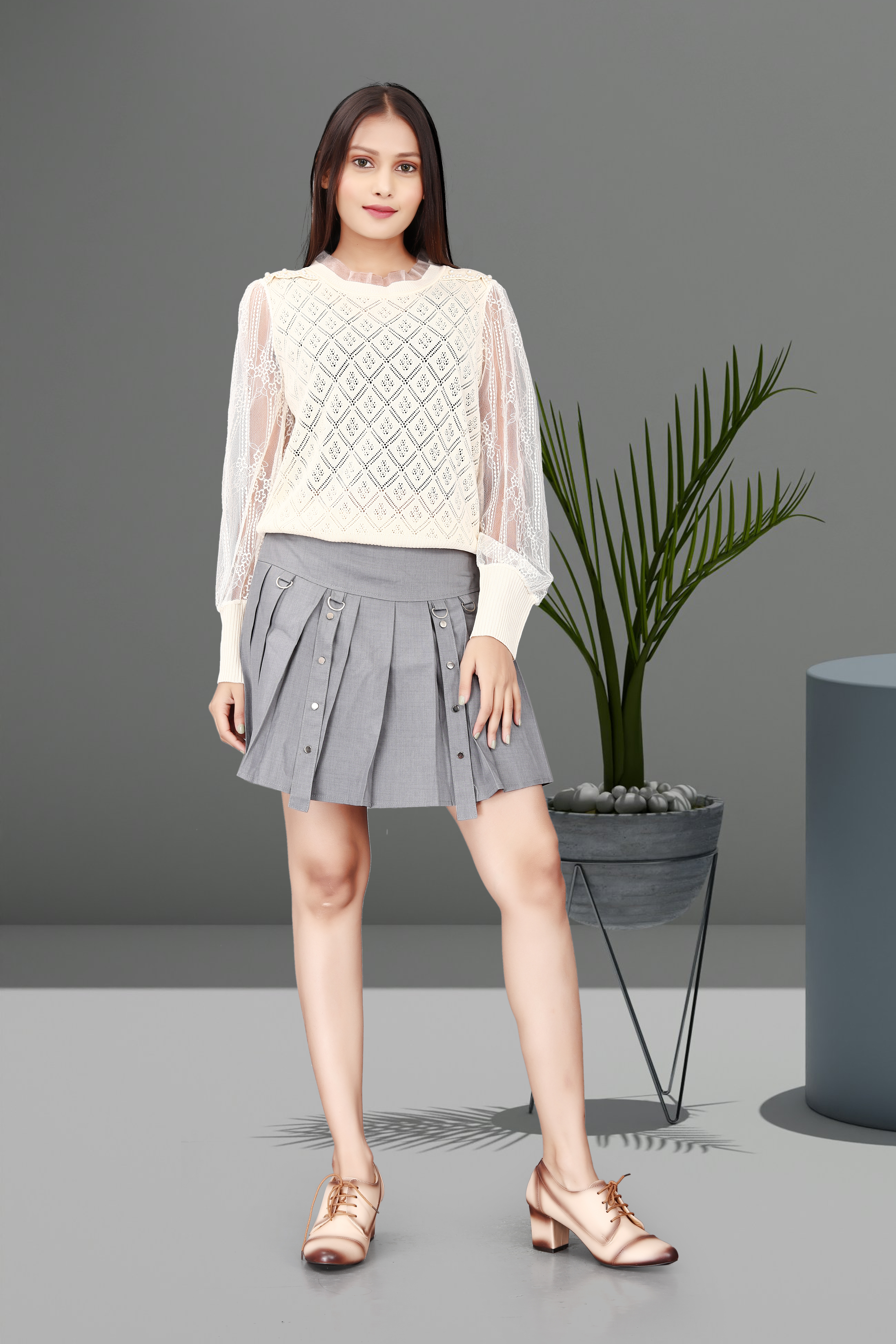Women’s Cream Lace Knit Top with Grey Pleated Mini Skirt – Elegant Casual Outfit