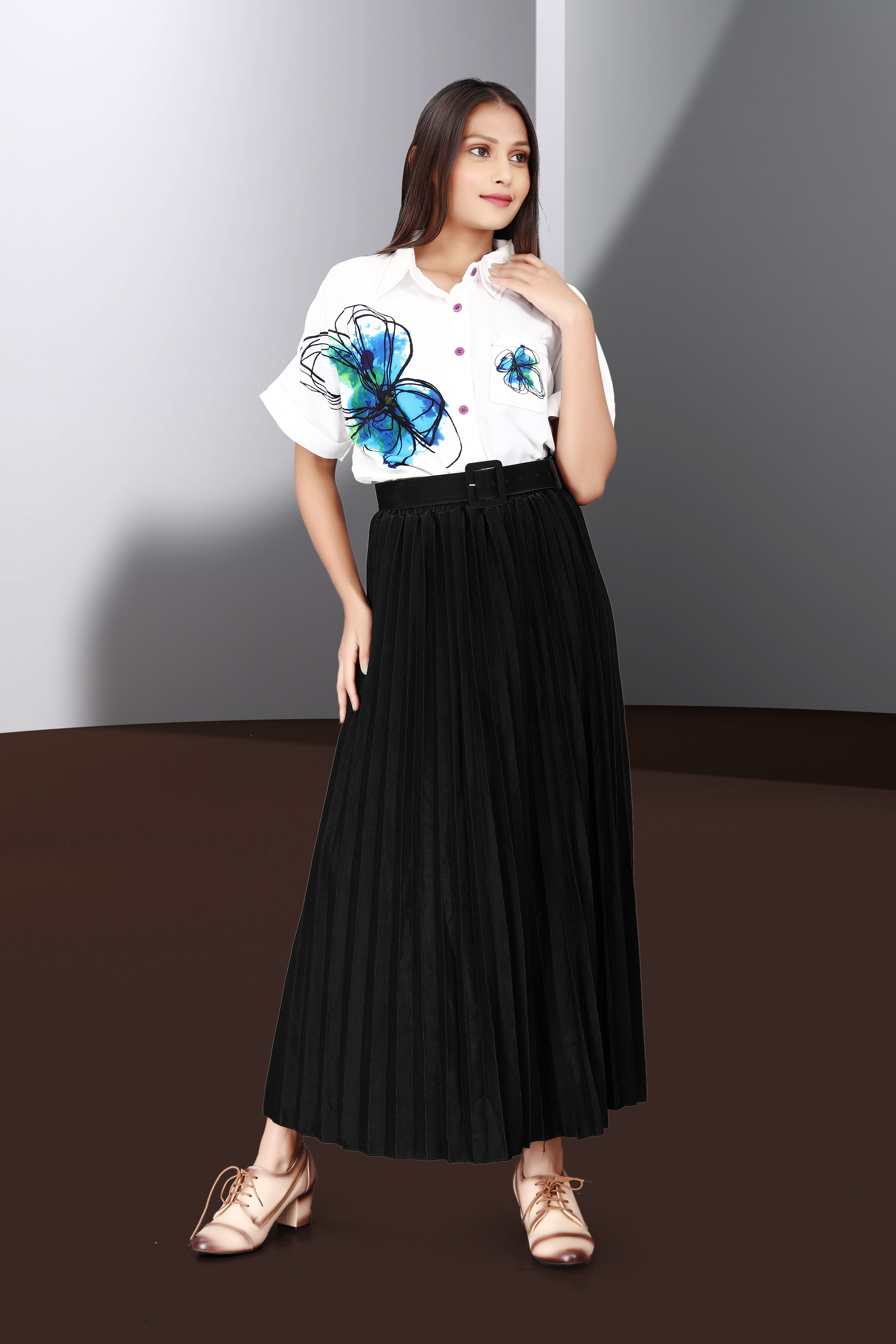Women’s White Butterfly Print Shirt with Black Pleated Maxi Skirt – Elegant Casual & Partywear Outfit