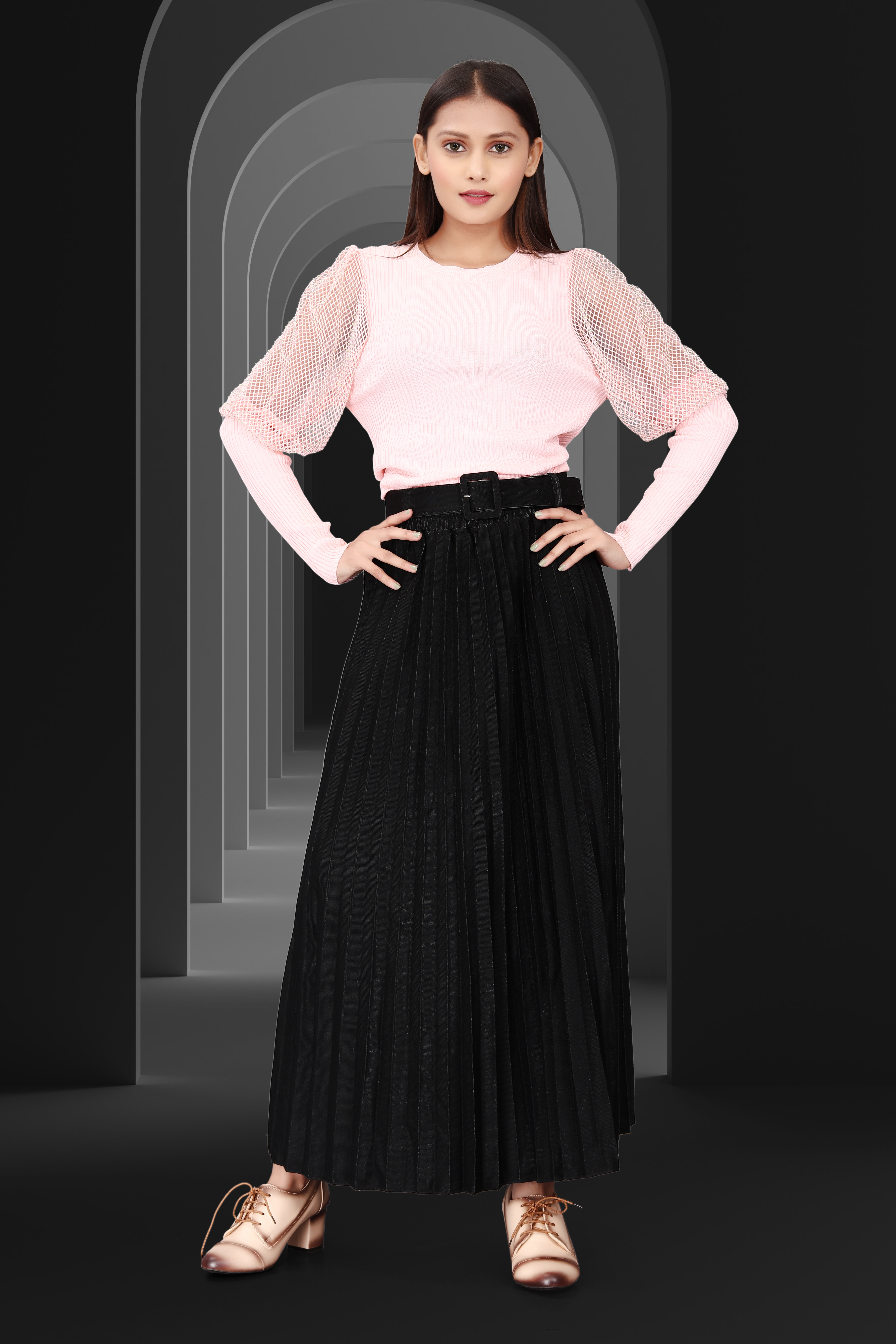 Women’s Pink Mesh Sleeve Top with Black Pleated Maxi Skirt – Elegant Casual & Partywear Outfit