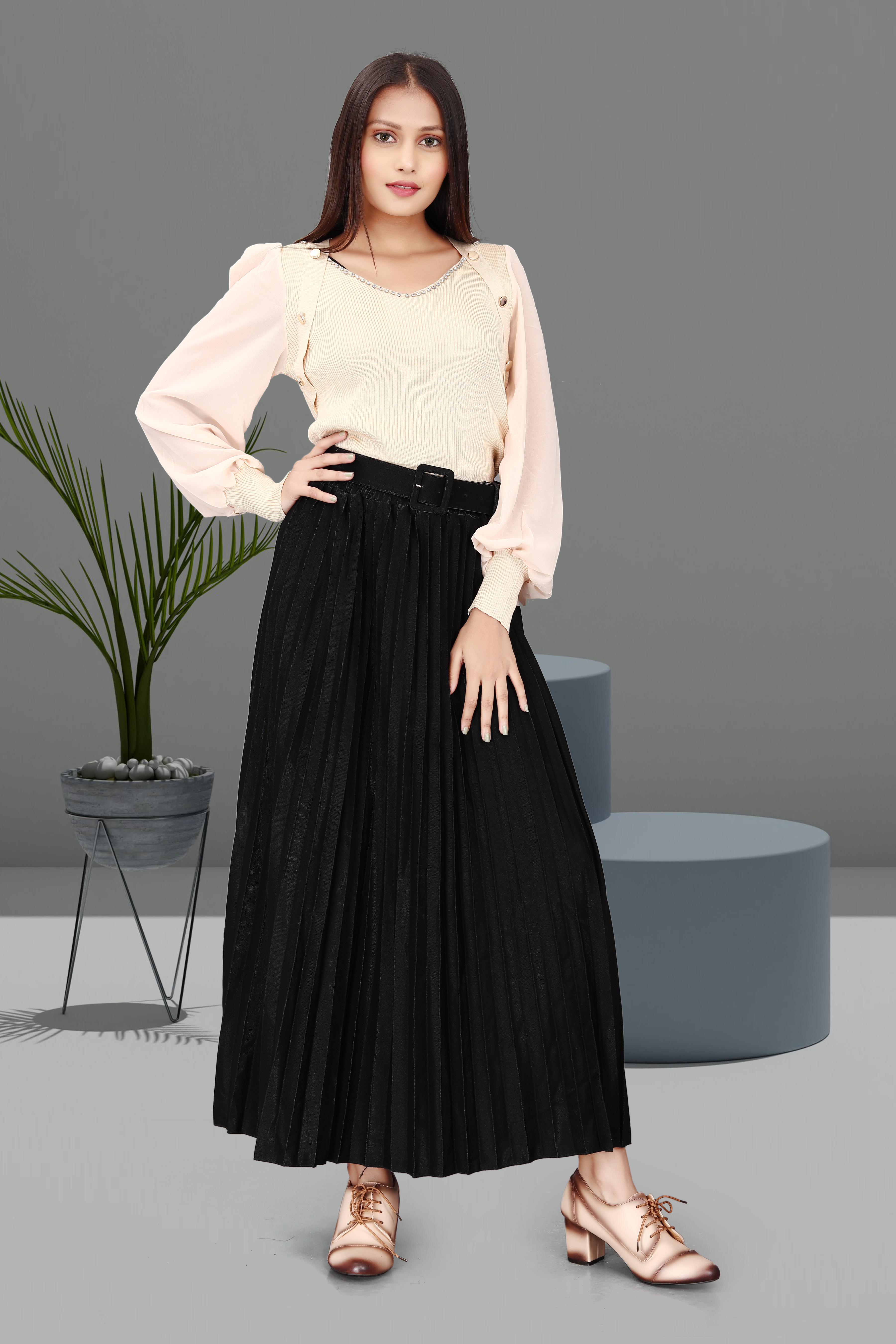 Women’s Beige Balloon Sleeve Top with Black Pleated Maxi Skirt – Elegant Office & Casual Wear