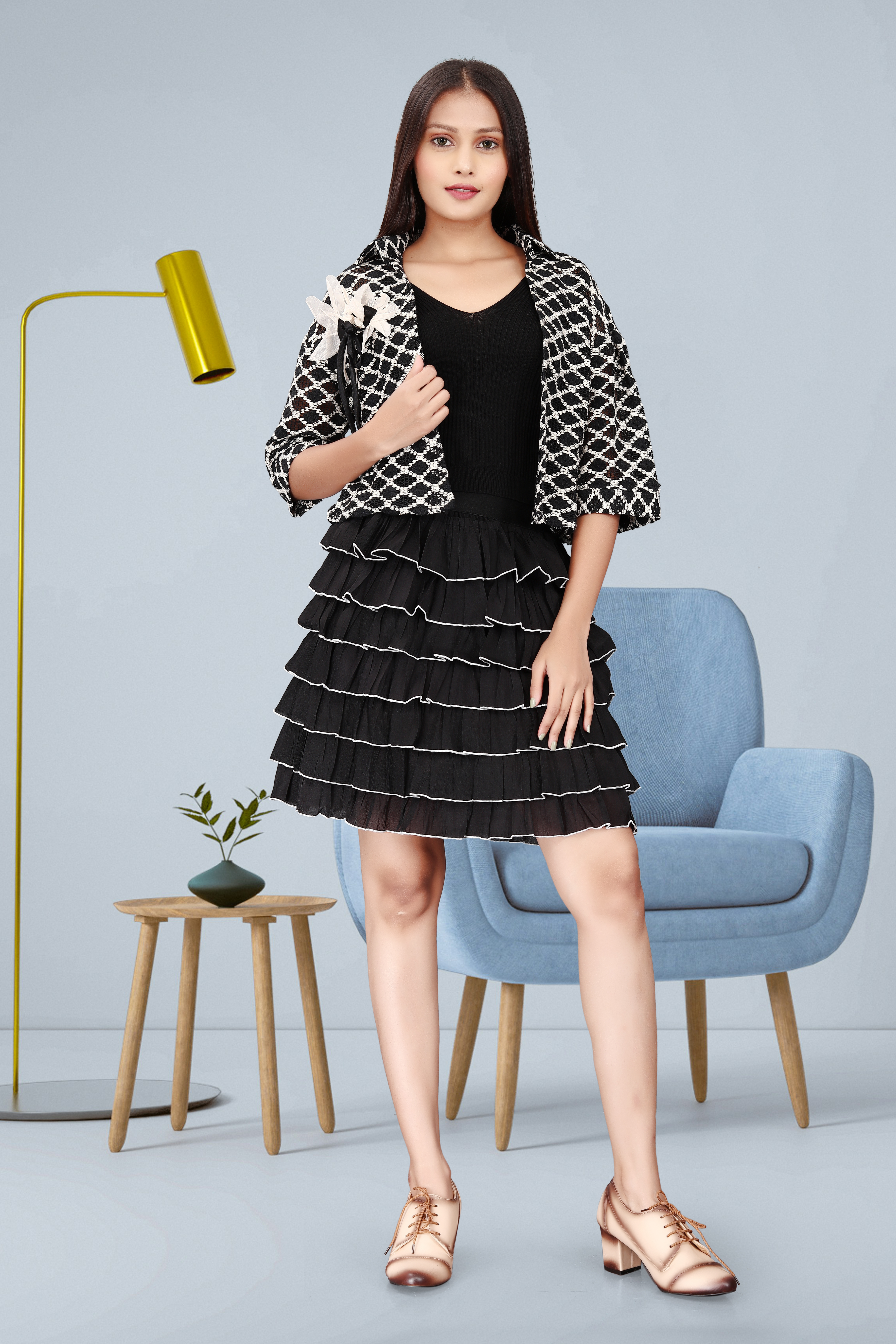 Women’s Black Layered Ruffle Skirt with Printed Shrug – Elegant Party & Casual Wear