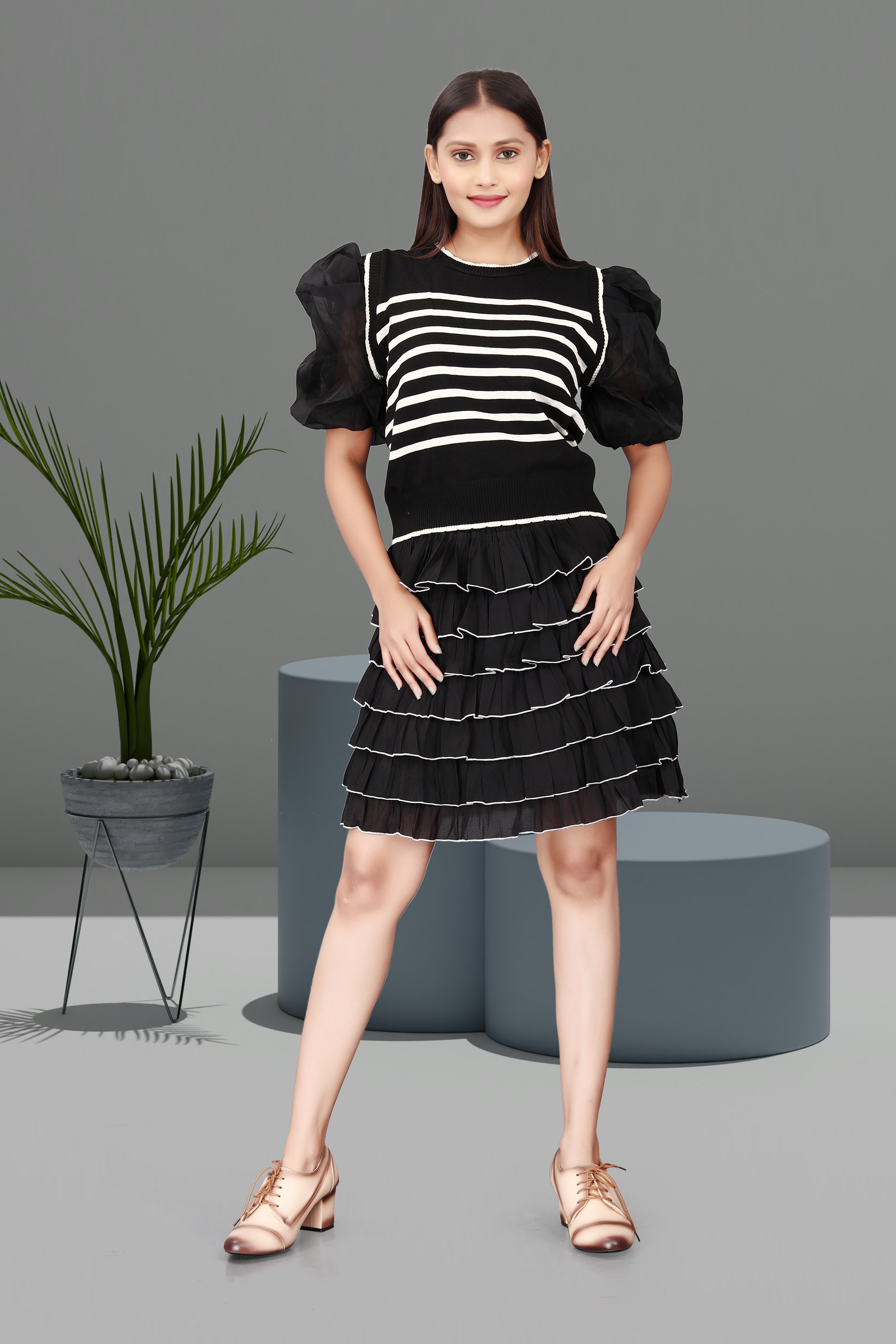 Women’s Black Layered Ruffle Skirt with Puff Sleeve Striped Top – Trendy Party & Casual Outfit