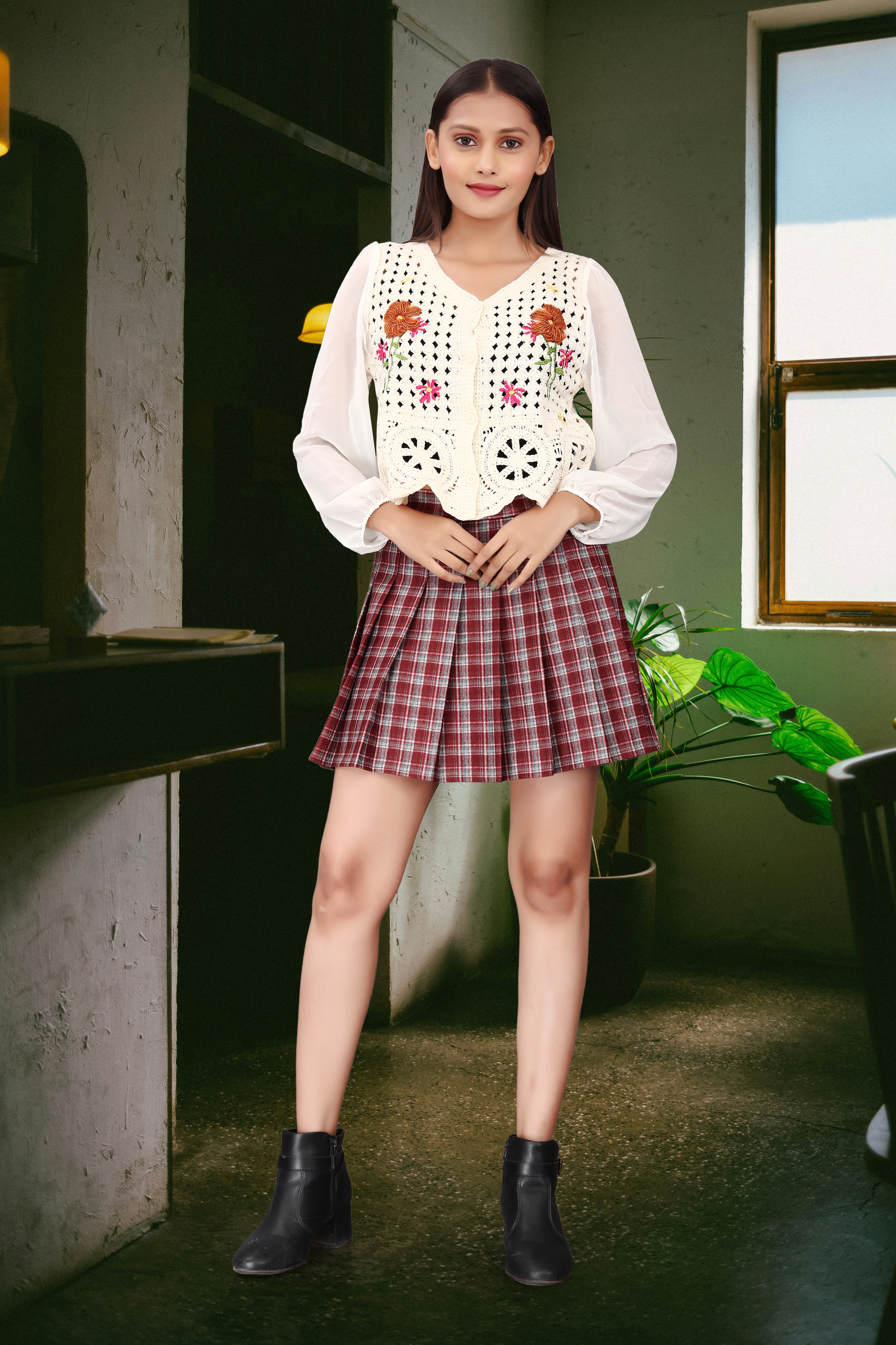 White Embroidered Crochet Vest with Checked Pleated Skirt – Trendy College & Casual Wear