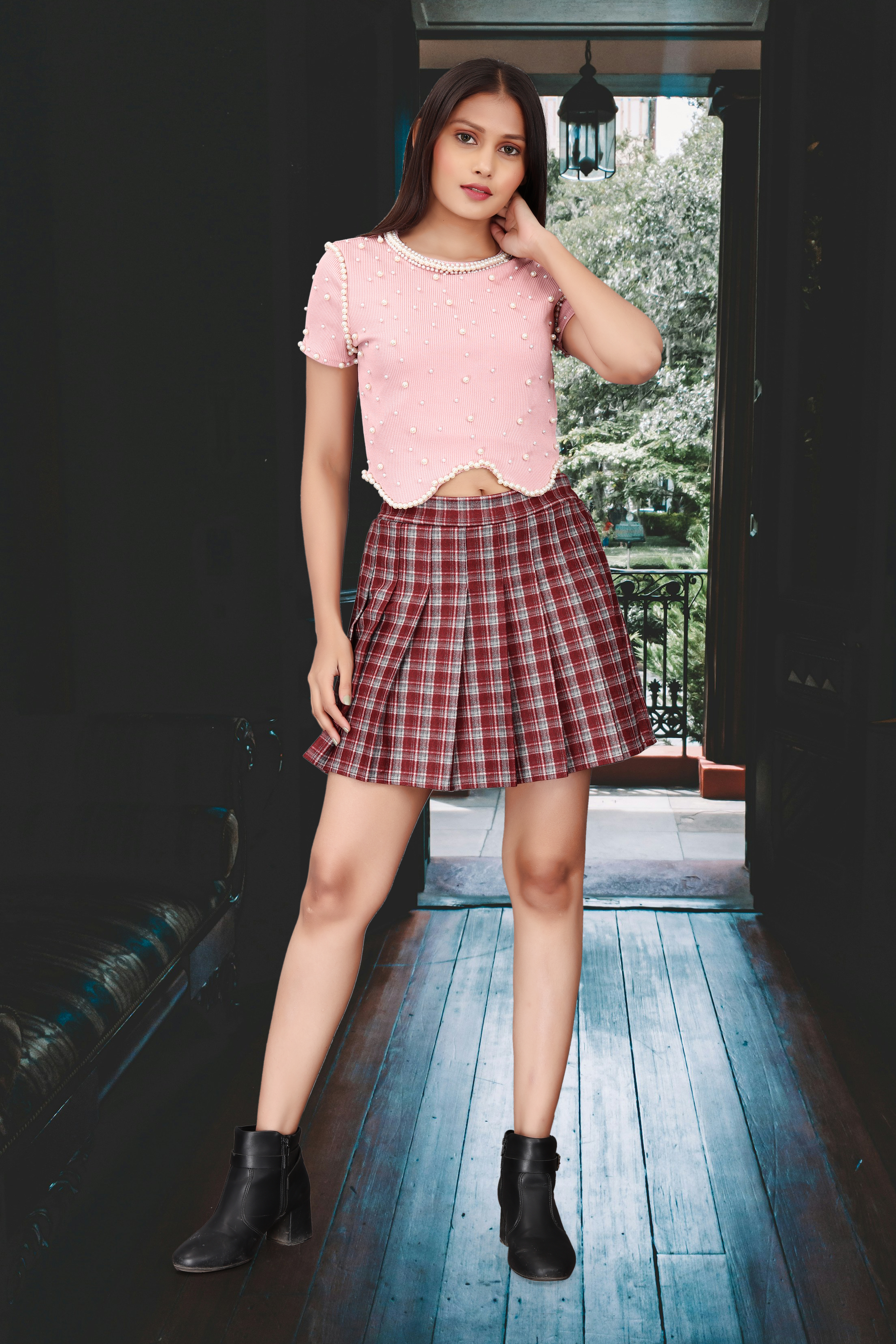 Pink Pearl Embellished Crop Top with Red Checked Pleated Skirt – Stylish College & Casual Outfit