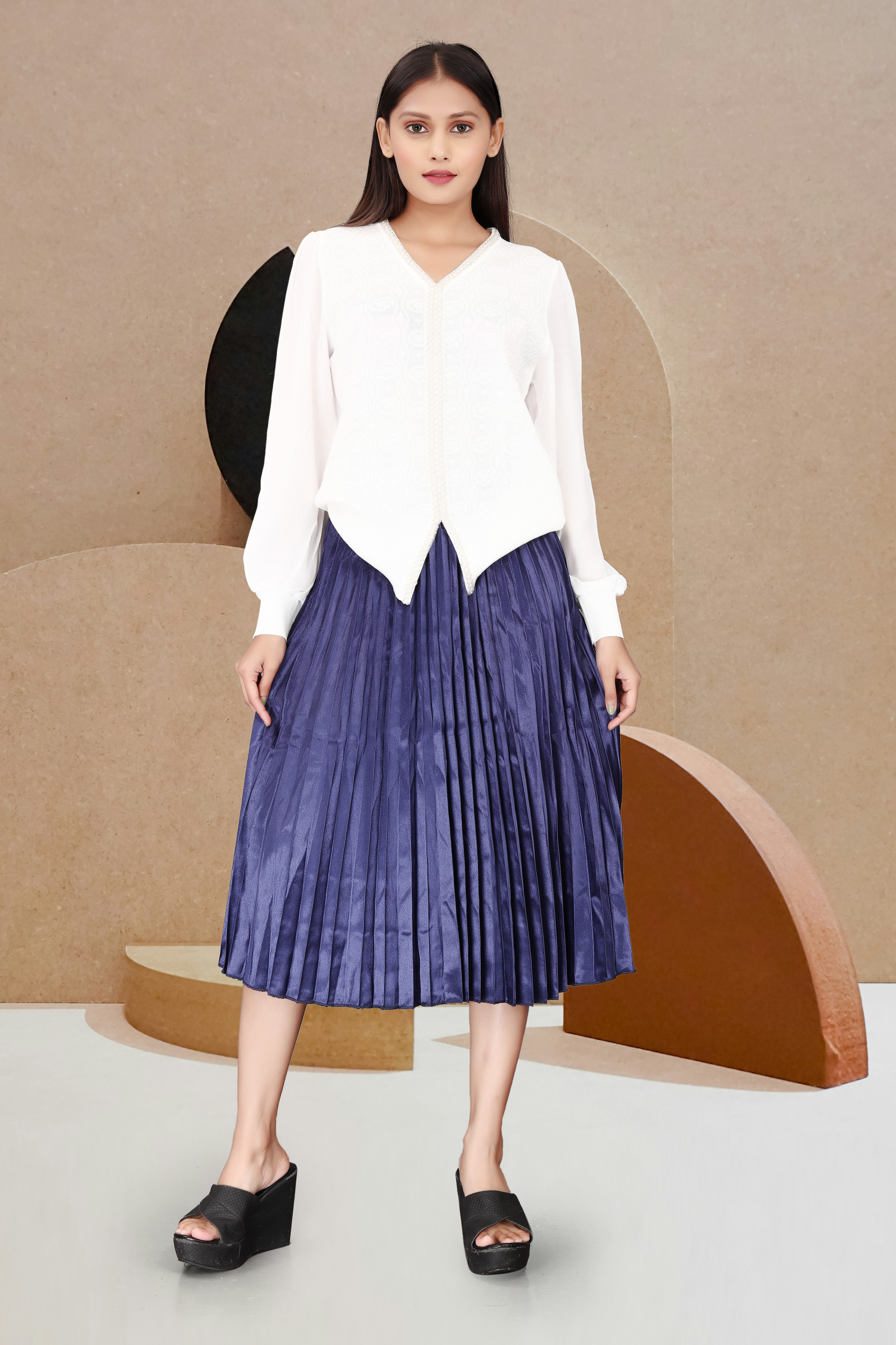 Elegant White V-Neck Blouse with Navy Blue Pleated Midi Skirt – Chic Office & Casual Wear