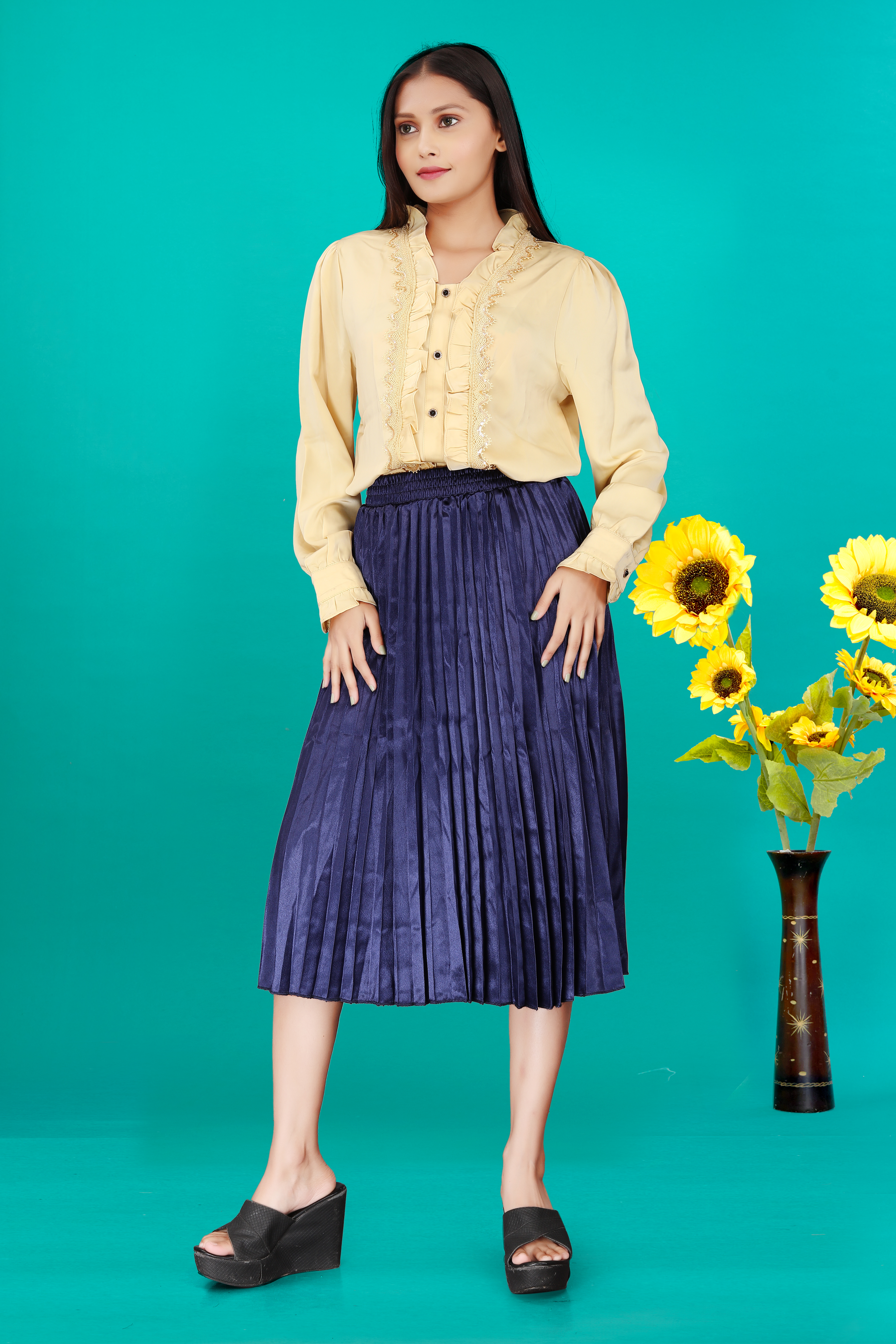 Mustard Ruffle Front Blouse with Navy Blue Pleated Midi Skirt – Elegant Office & Semi-Formal Outfit