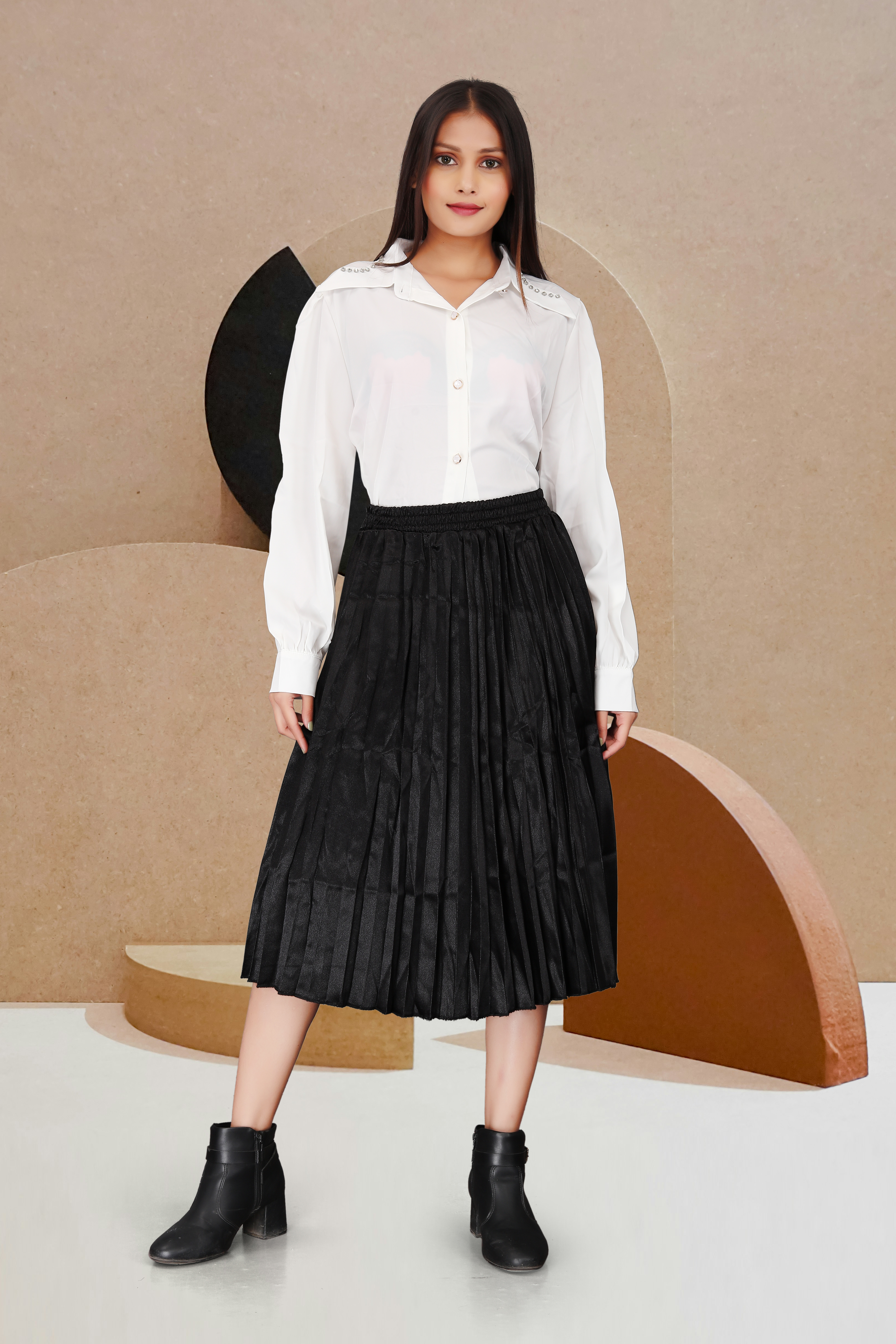 Classic White Button-Down Shirt with Black Pleated Midi Skirt – Elegant Office & Formal Wear for Women