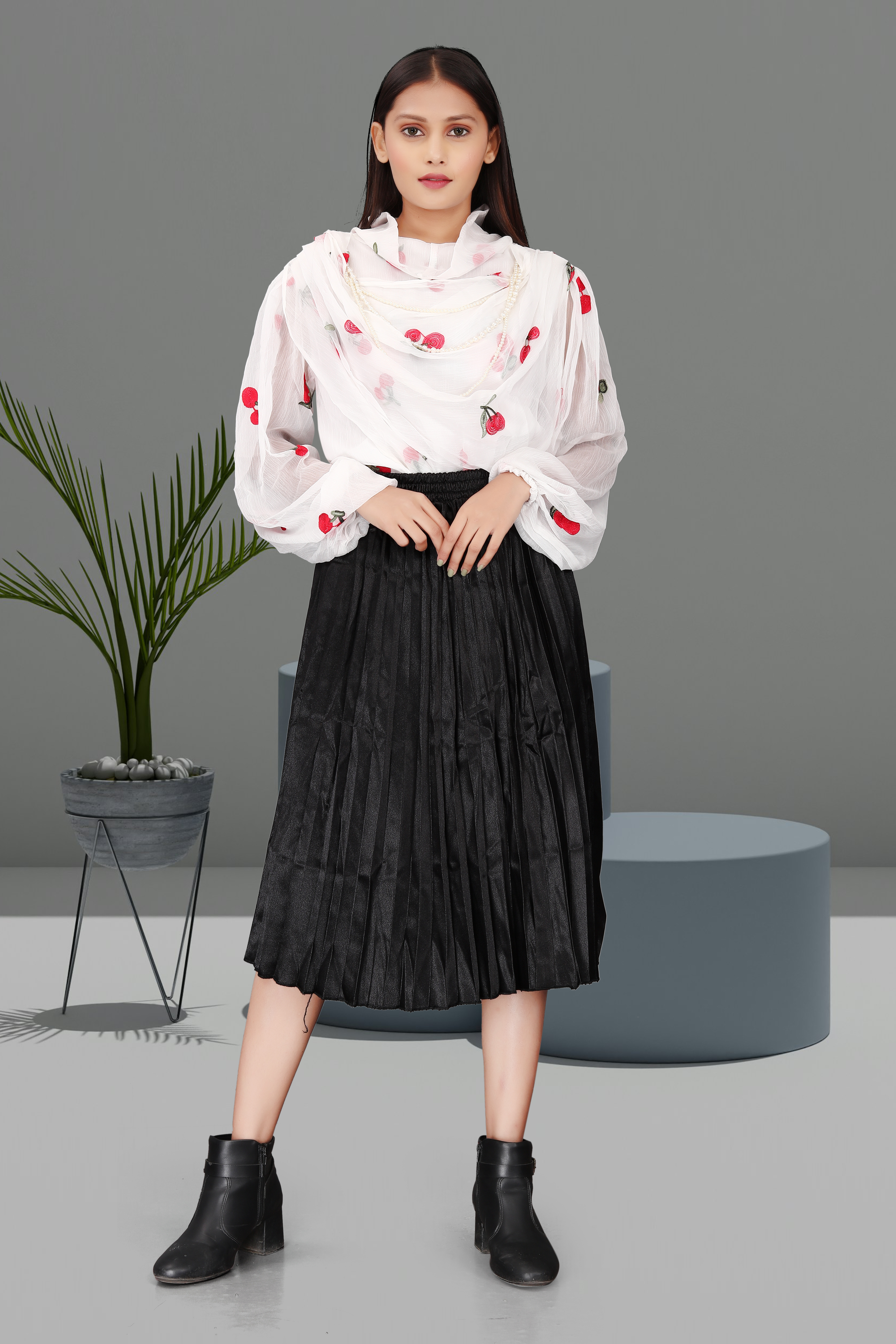 White Sheer Cherry Embroidered Blouse with Black Pleated Midi Skirt – Elegant Semi-Formal Outfit for Women