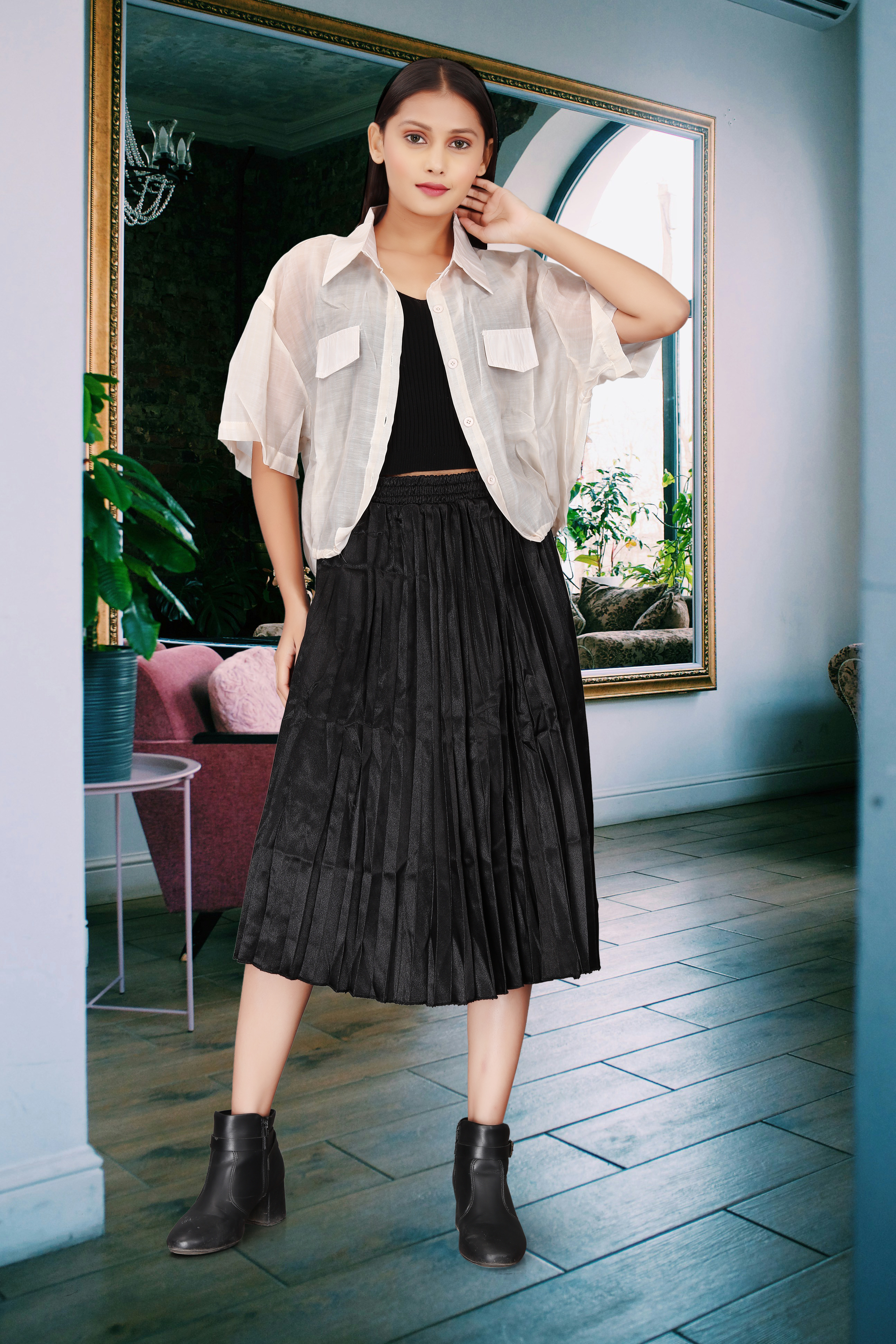 Sheer White Shirt with Black Crop Top & Black Pleated Midi Skirt – Casual Chic Layered Outfit for Women