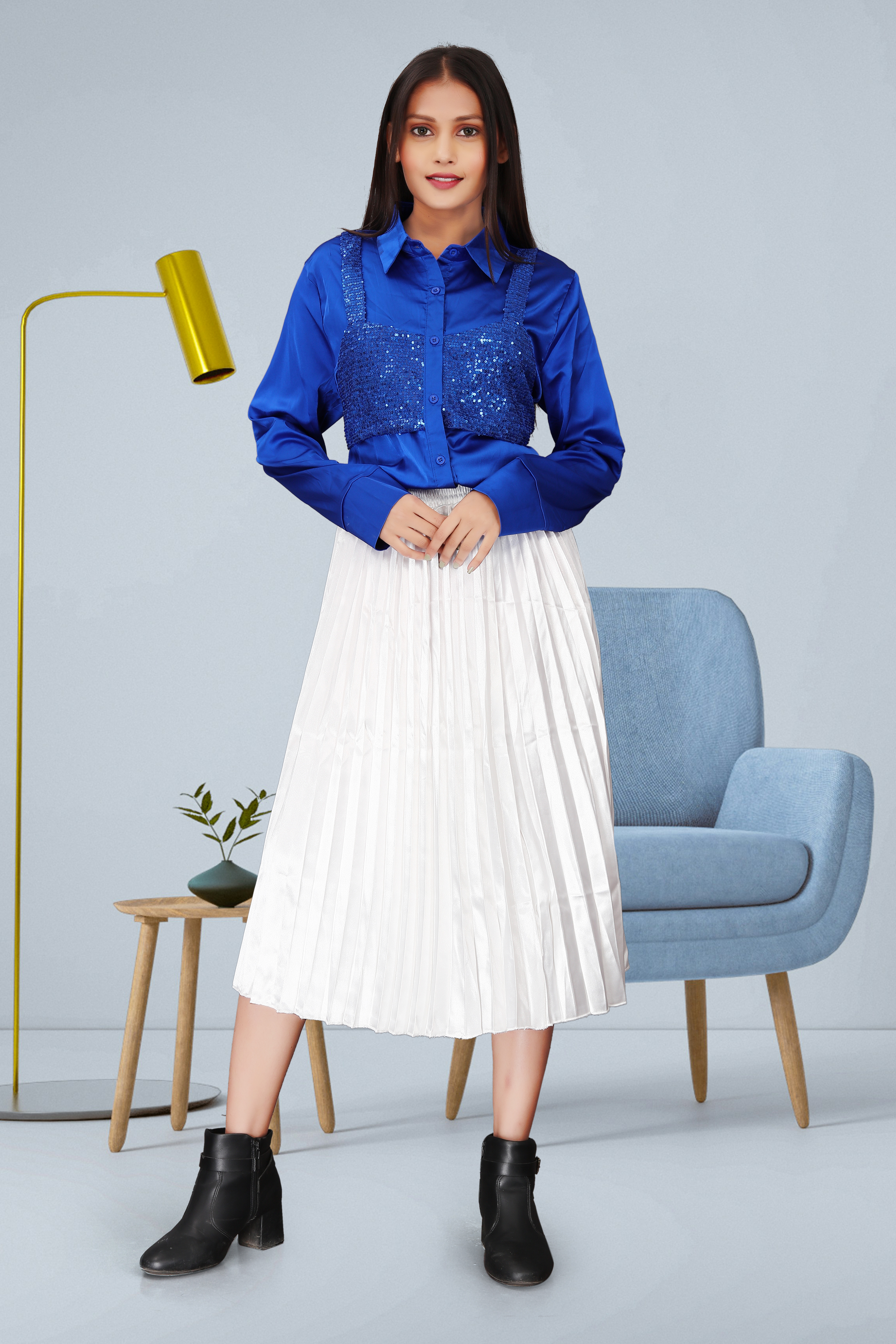 Royal Blue Satin Shirt with Sequin Crop Top & White Pleated Midi Skirt – Party & Casual Chic Outfit for Women