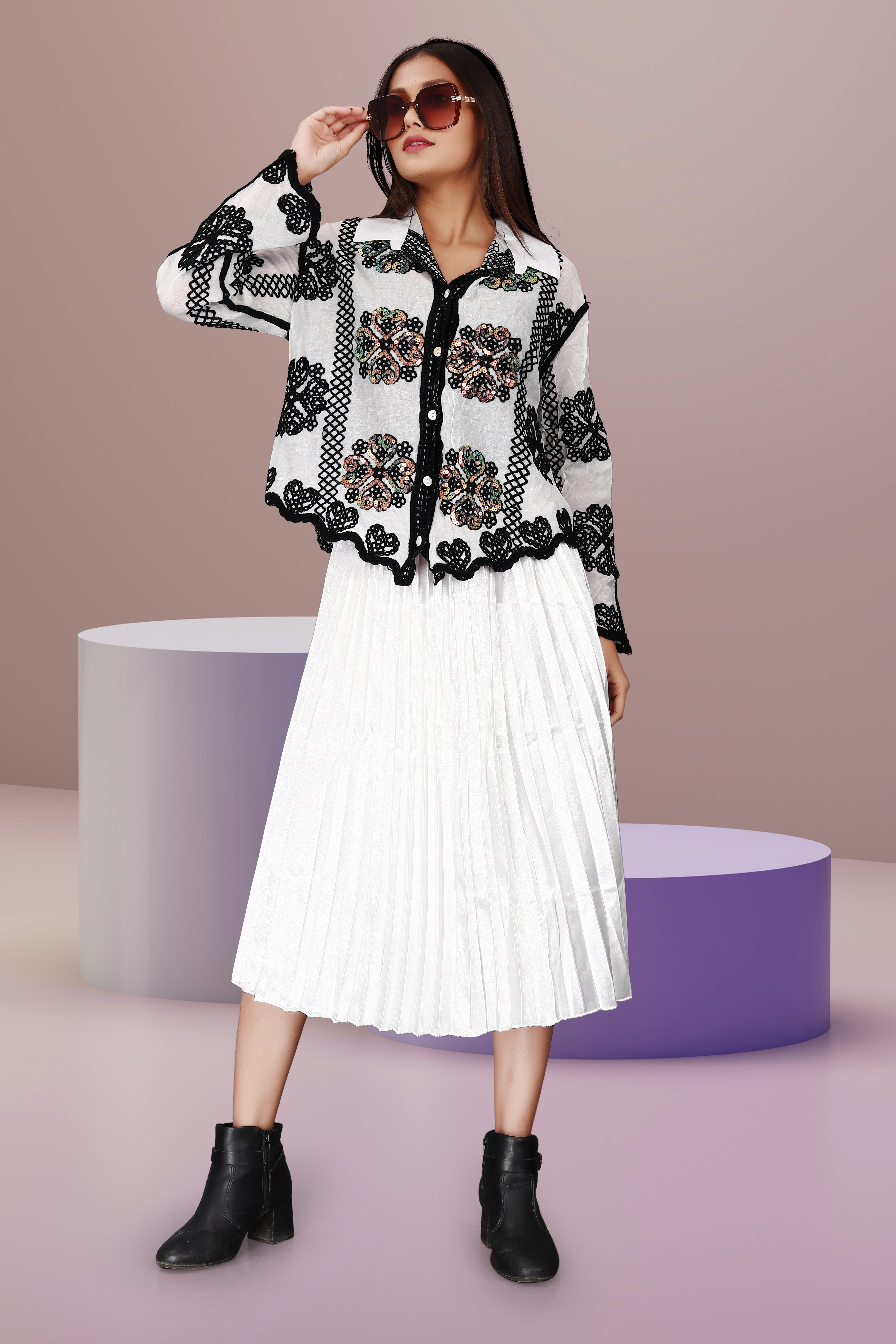 Embroidered Black & White Button-Down Shirt with White Pleated Midi Skirt – Elegant Ethnic Fusion Wear