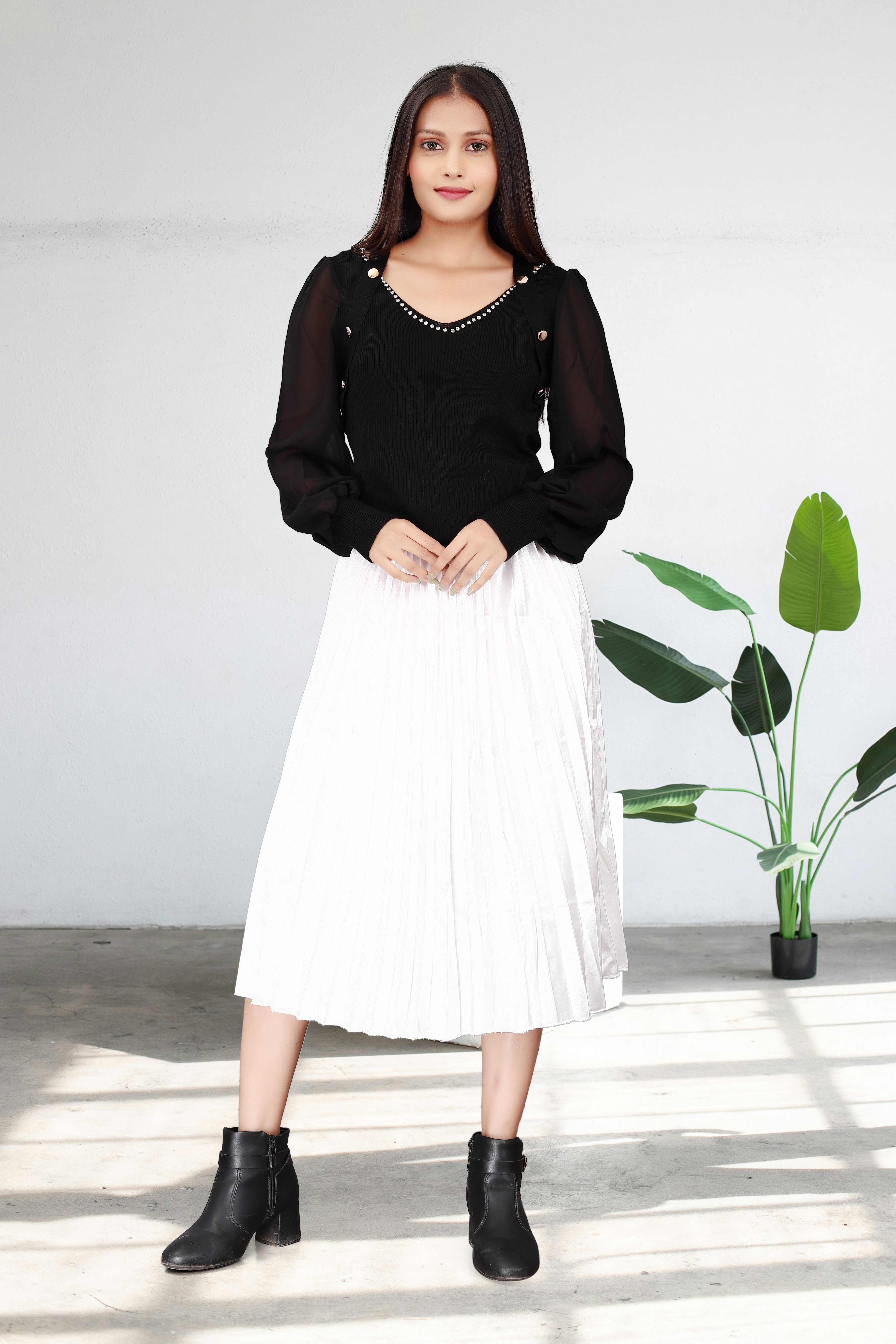 Black Sheer Sleeve Top with Studded Neckline & White Pleated Midi Skirt – Elegant Party & Office Wear