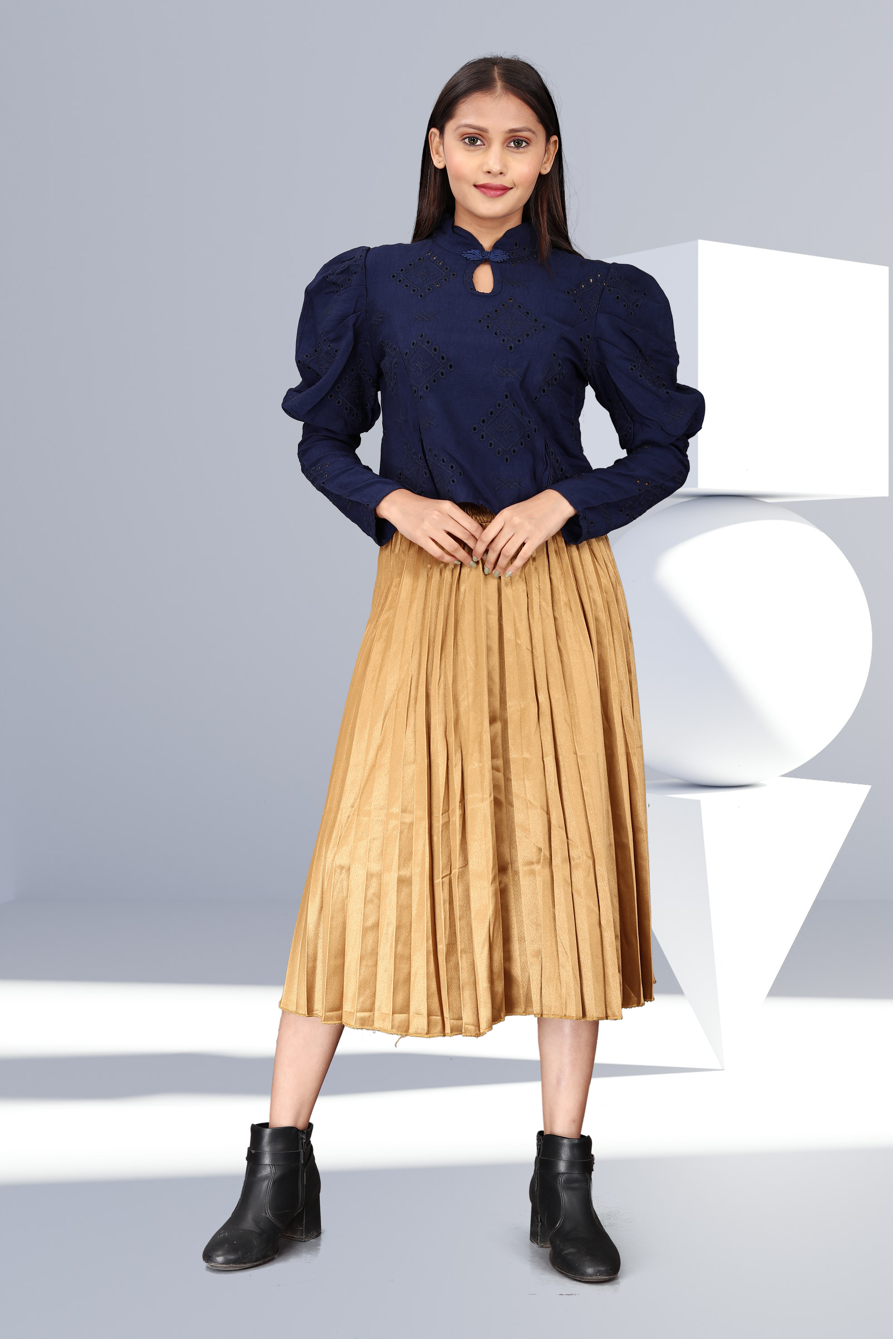 Navy Blue Puff Sleeve Top with Golden Pleated Midi Skirt – Elegant Party & Office Wear for Women