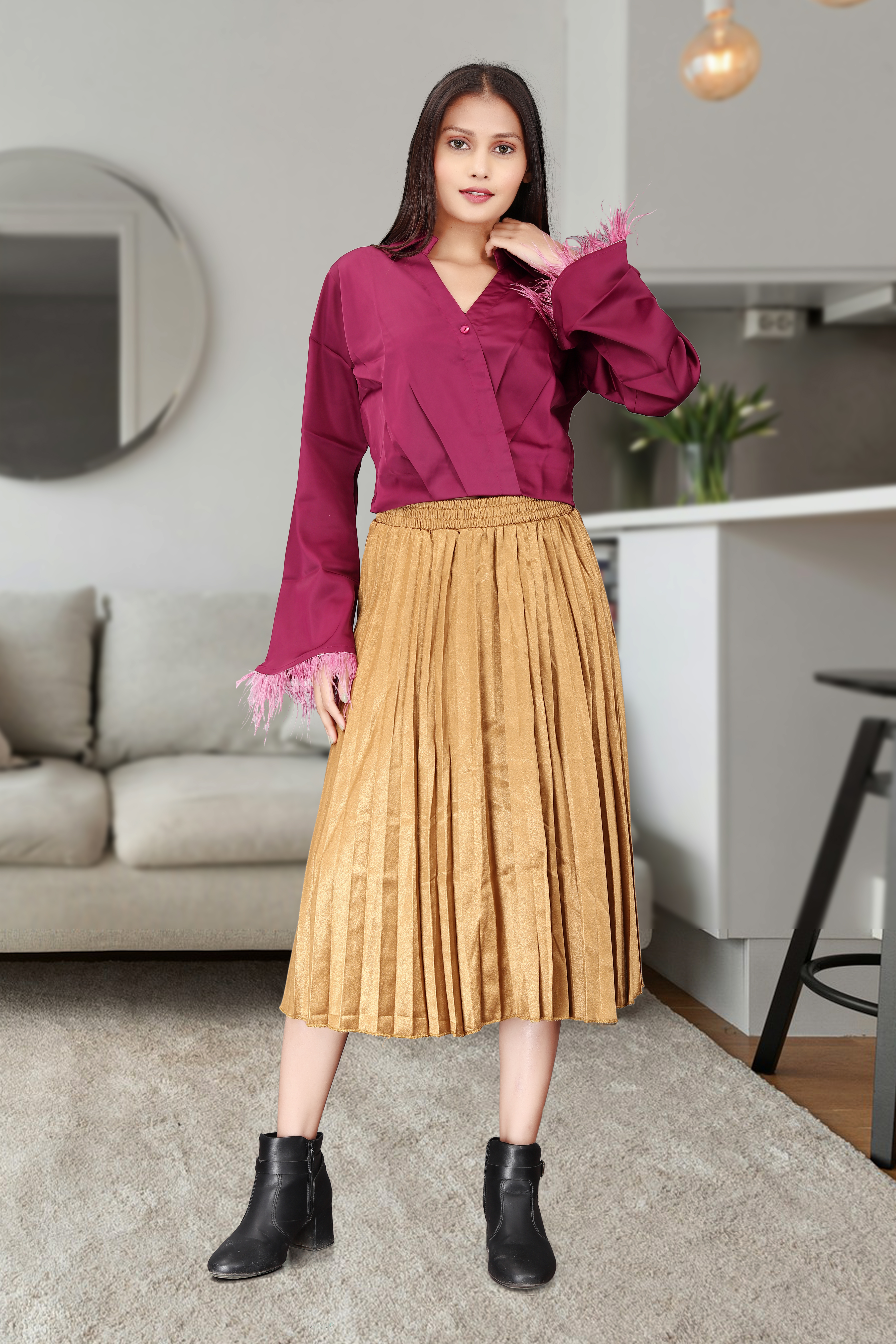 Magenta Feather Trim Blouse with Golden Pleated Midi Skirt – Elegant Party & Semi-Formal Outfit for Women