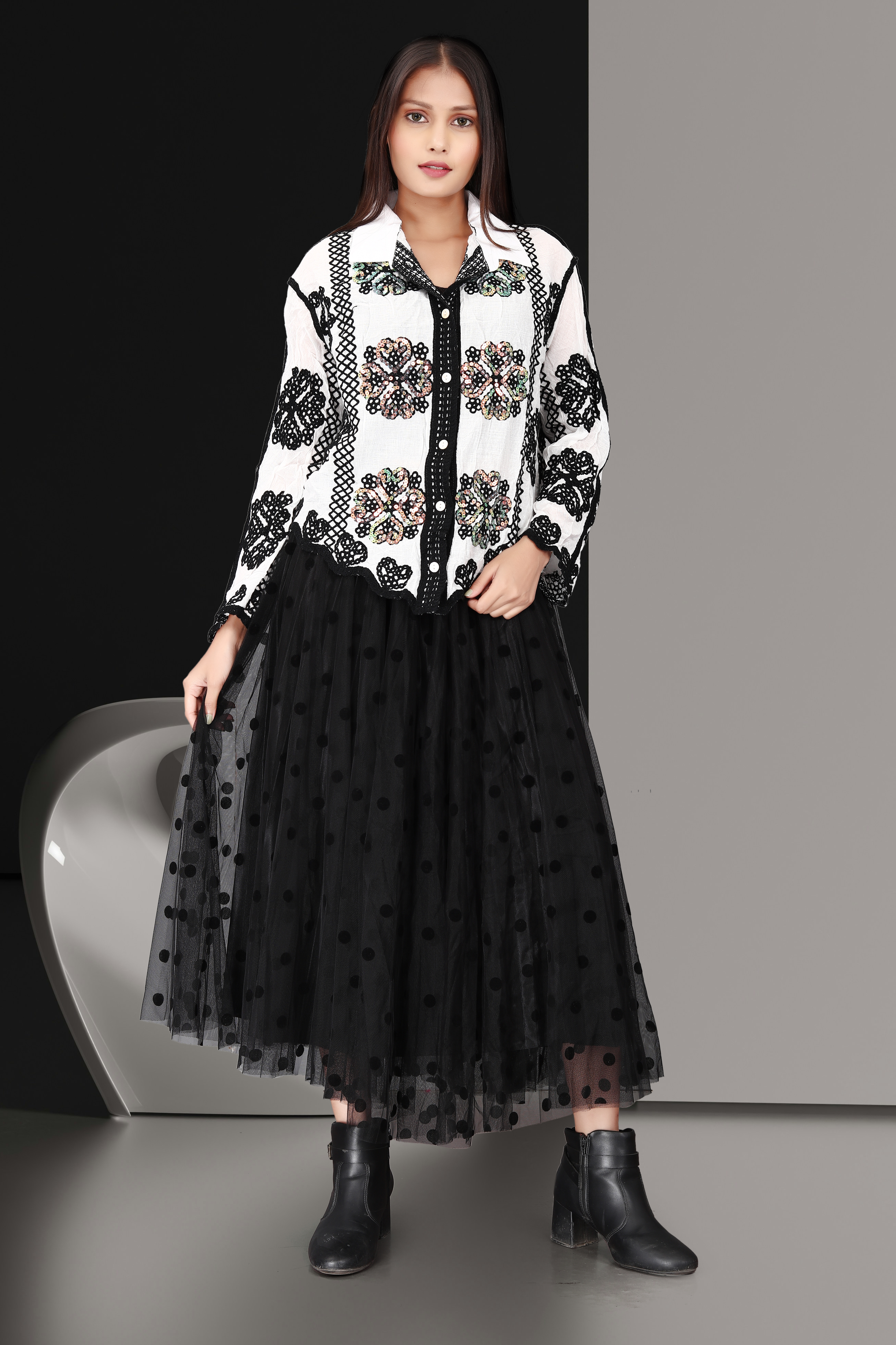 Embroidered White & Black Lace Shirt with Black Polka Dot Mesh Skirt – Elegant Party & Festive Wear Set