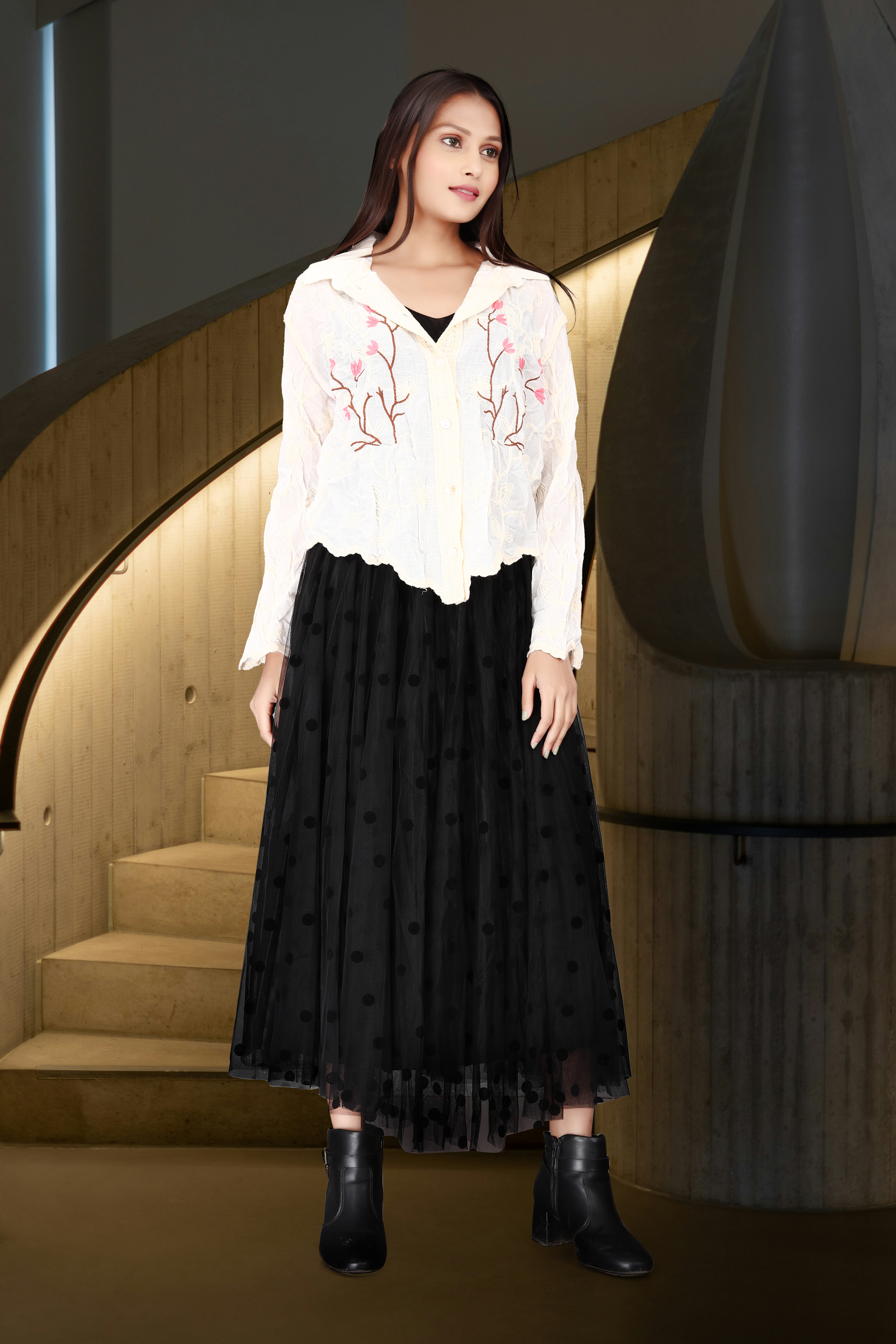 White Embroidered Sheer Shirt with Black Polka Dot Mesh Skirt – Elegant Party & Festive Outfit