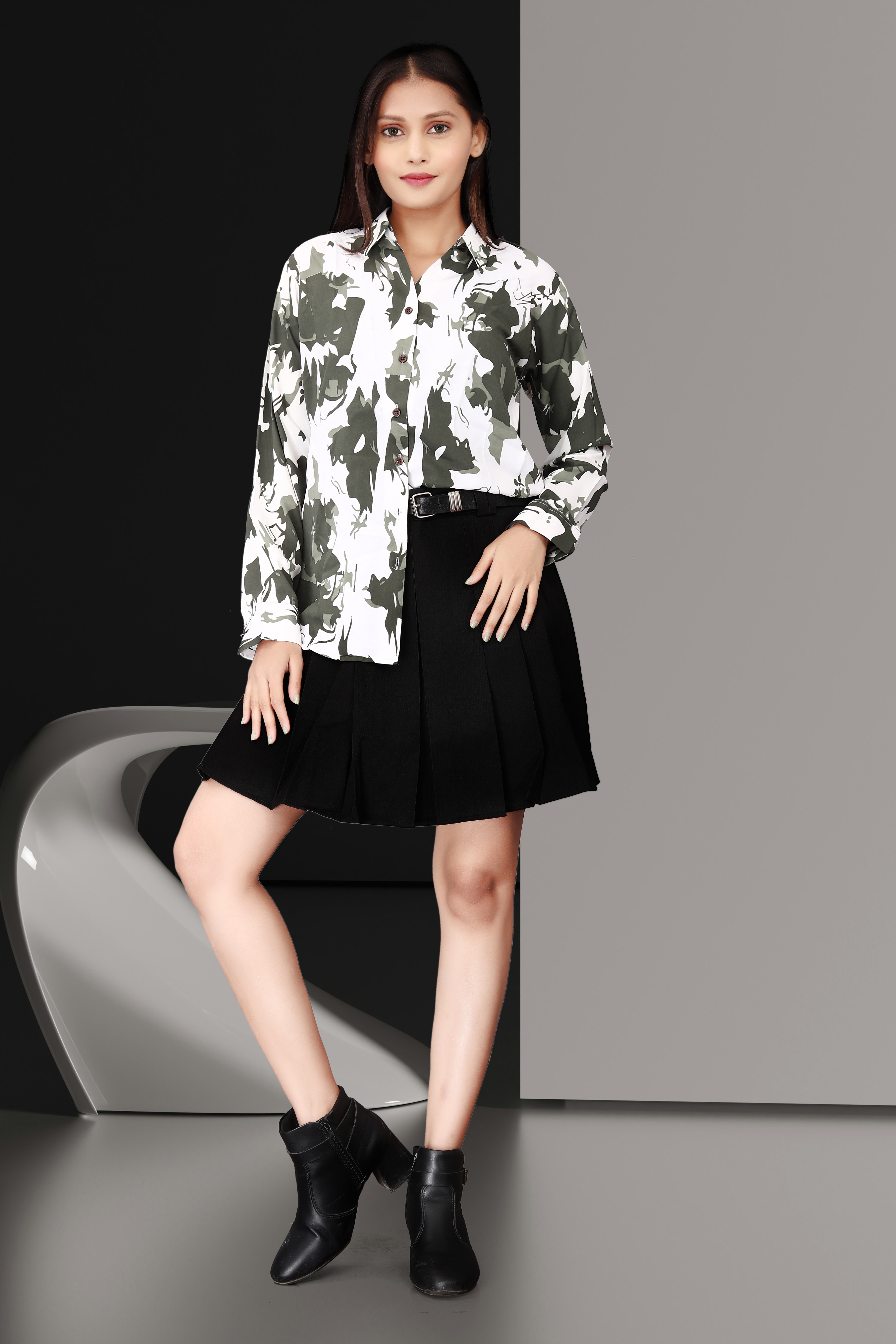 Green & White Abstract Printed Shirt with Black Pleated Mini Skirt – Stylish Casual & Office Wear