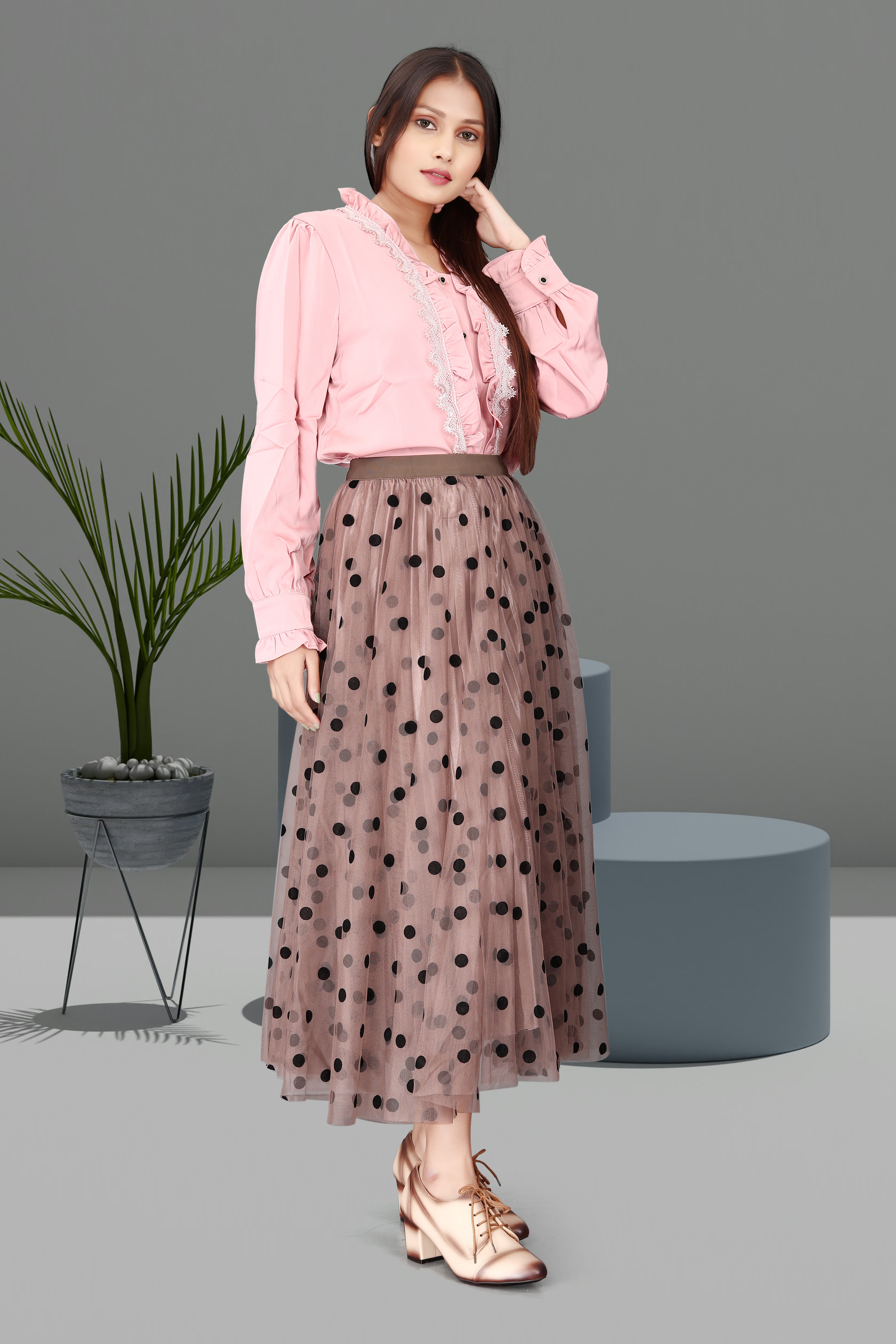 Pink Ruffle Blouse with Brown Sheer Polka Dot Maxi Skirt – Chic Party & Brunch Outfit for Women