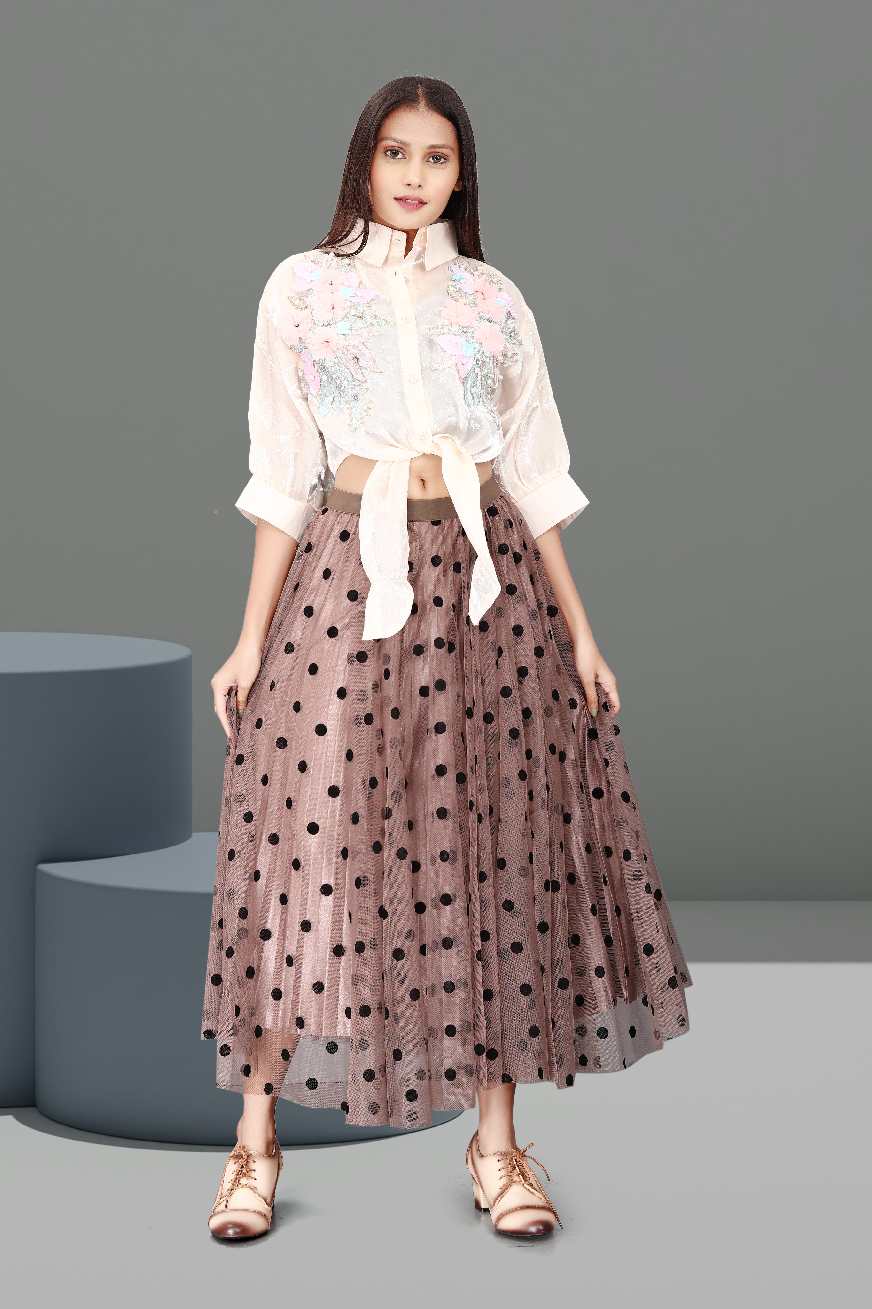 Floral Embroidered White Crop Shirt with Brown Polka Dot Maxi Skirt – Trendy Co-ord Set for Women