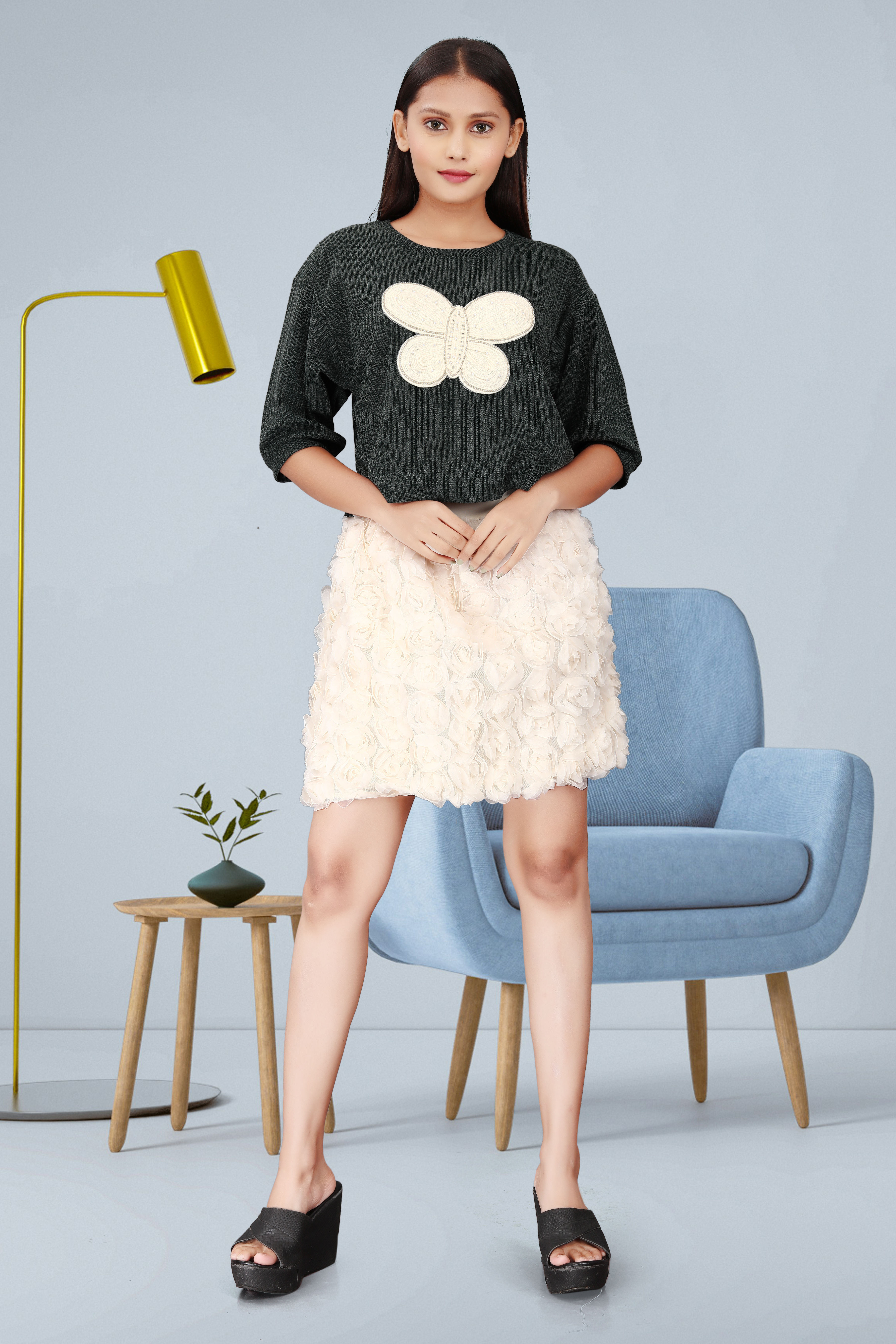 Black Butterfly Applique Top with Ivory 3D Floral Mini Skirt – Trendy Casual Party Co-Ord Set for Women