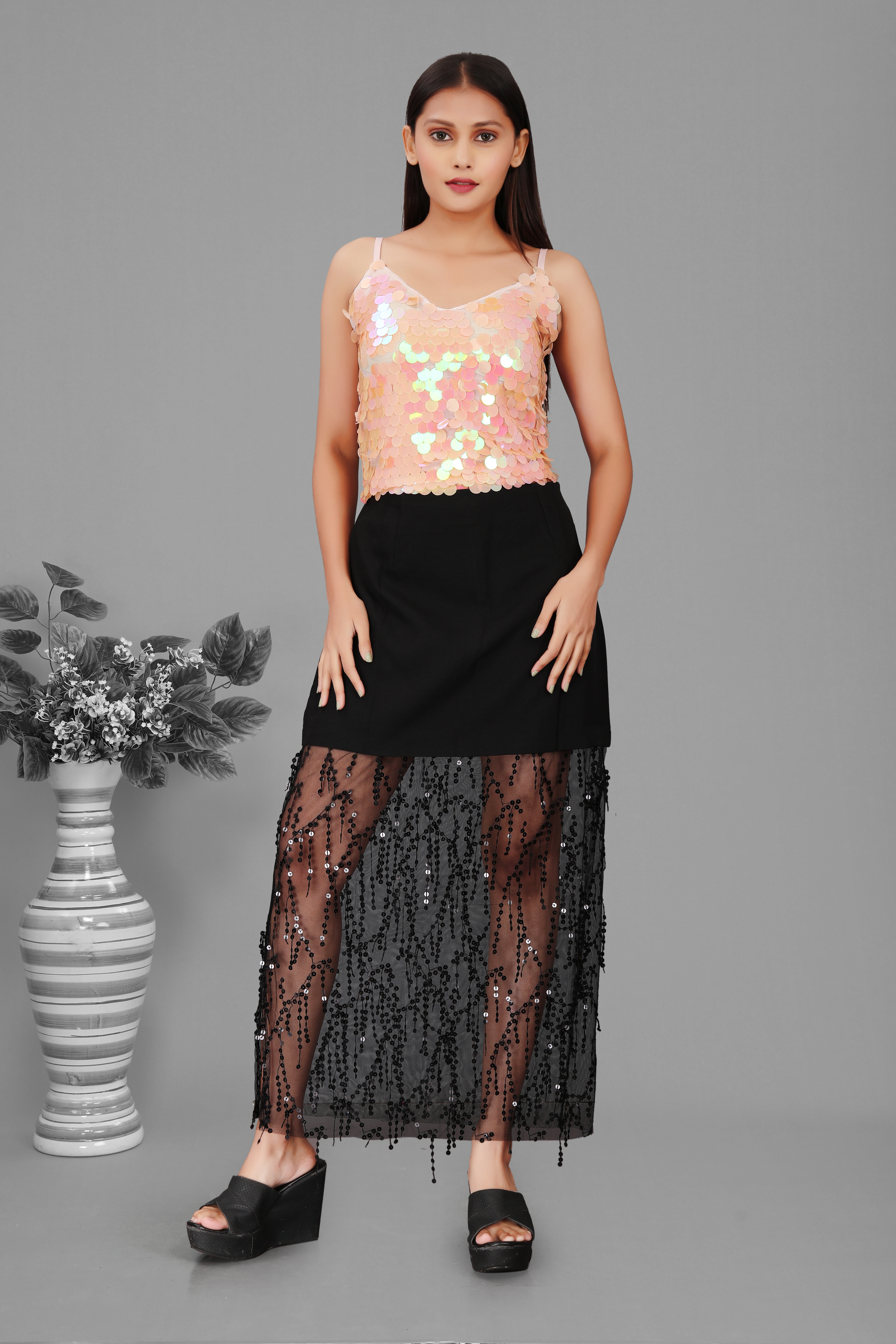 Peach Sequin Spaghetti Top with Black Sheer Sequin Maxi Skirt – Women’s Party Wear Co-Ord Set