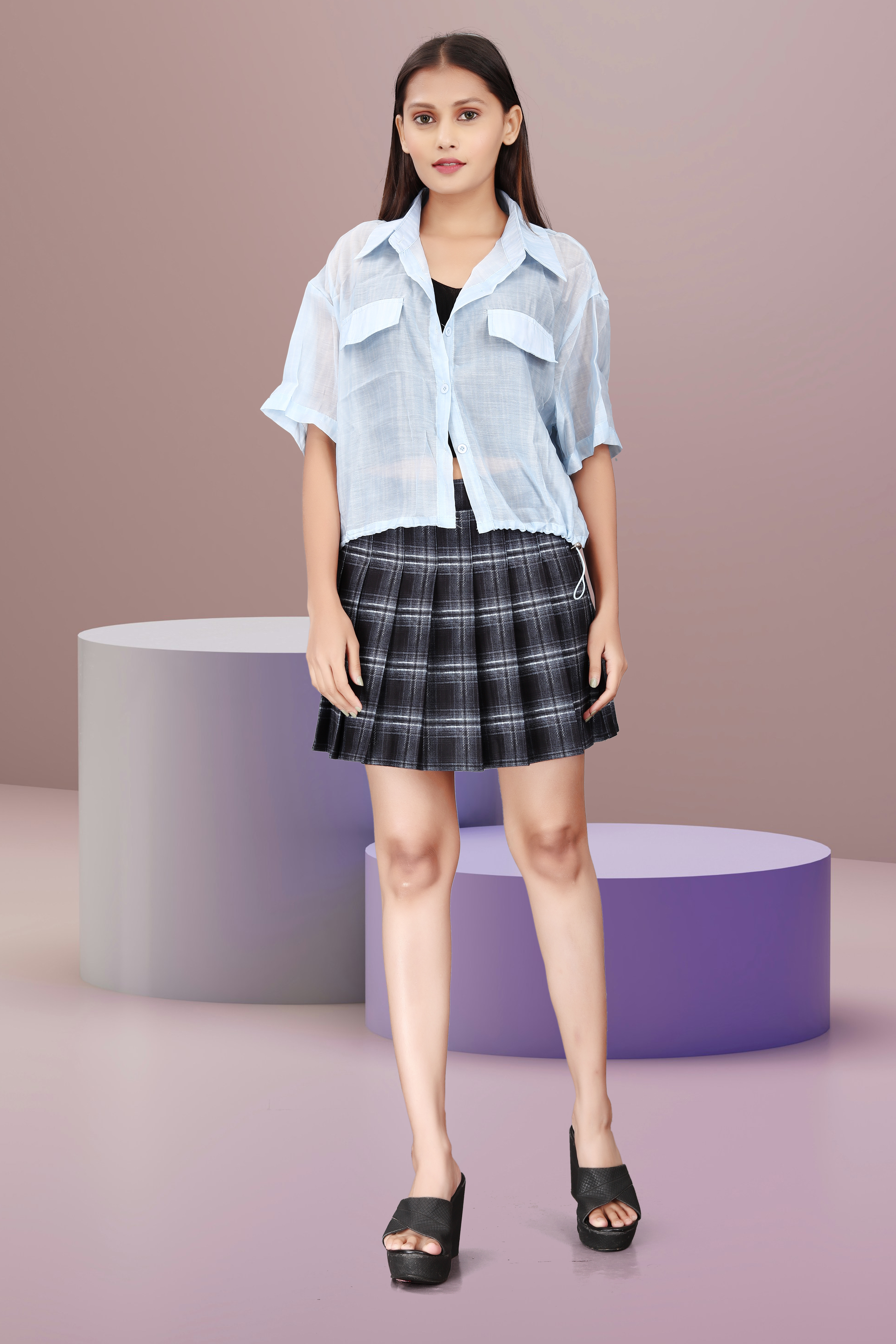 Light Blue Sheer Shirt with Black Check Pleated Mini Skirt – Trendy Women’s Casual Wear
