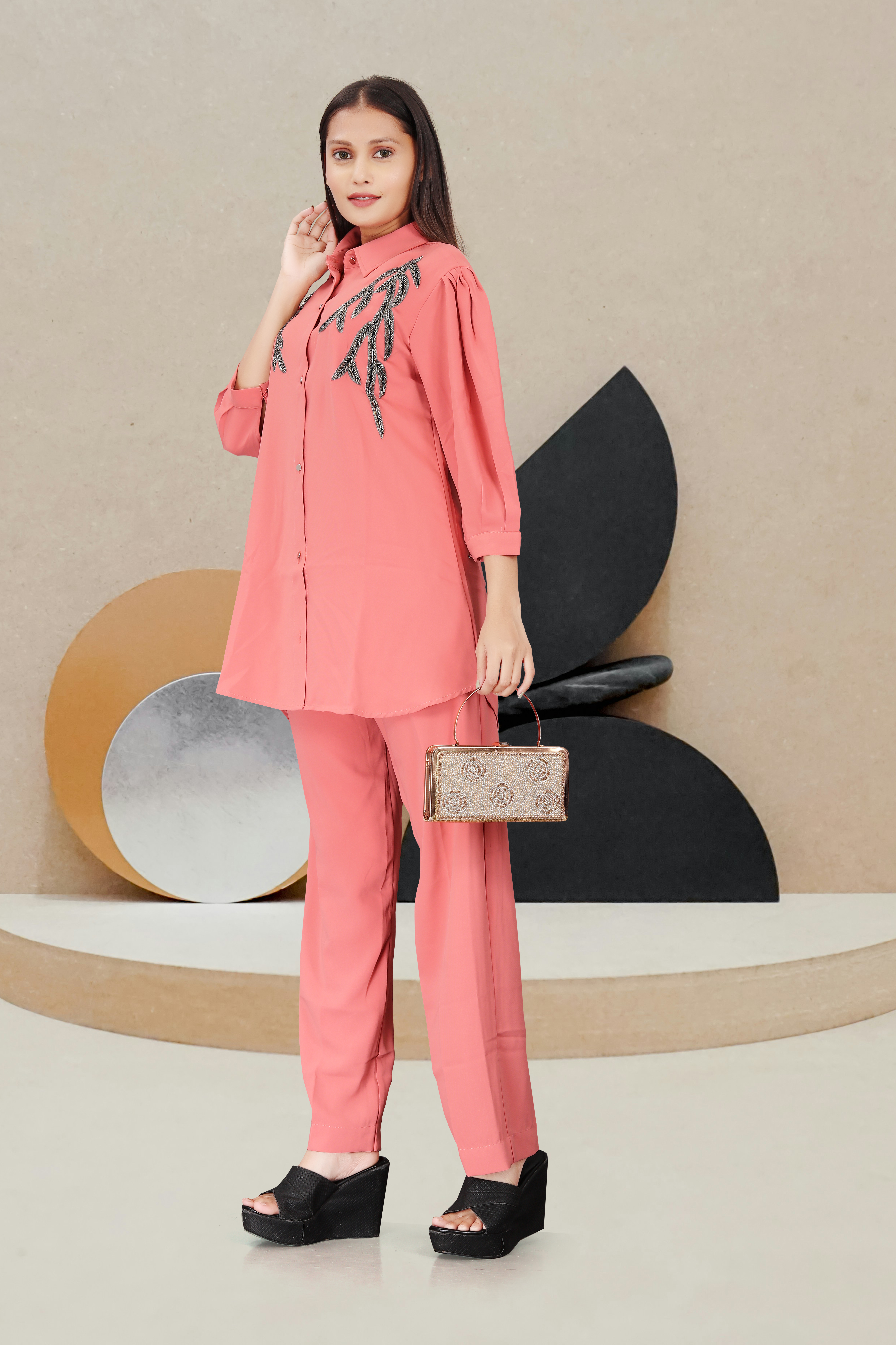 Coral Pink Embroidered Long Shirt with Straight Pants – Elegant Women’s Co-Ord Set